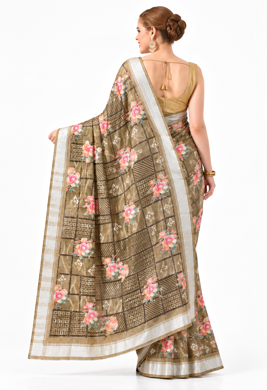 Elegant Olive Green Floral Printed Saree with Antique Gold Border