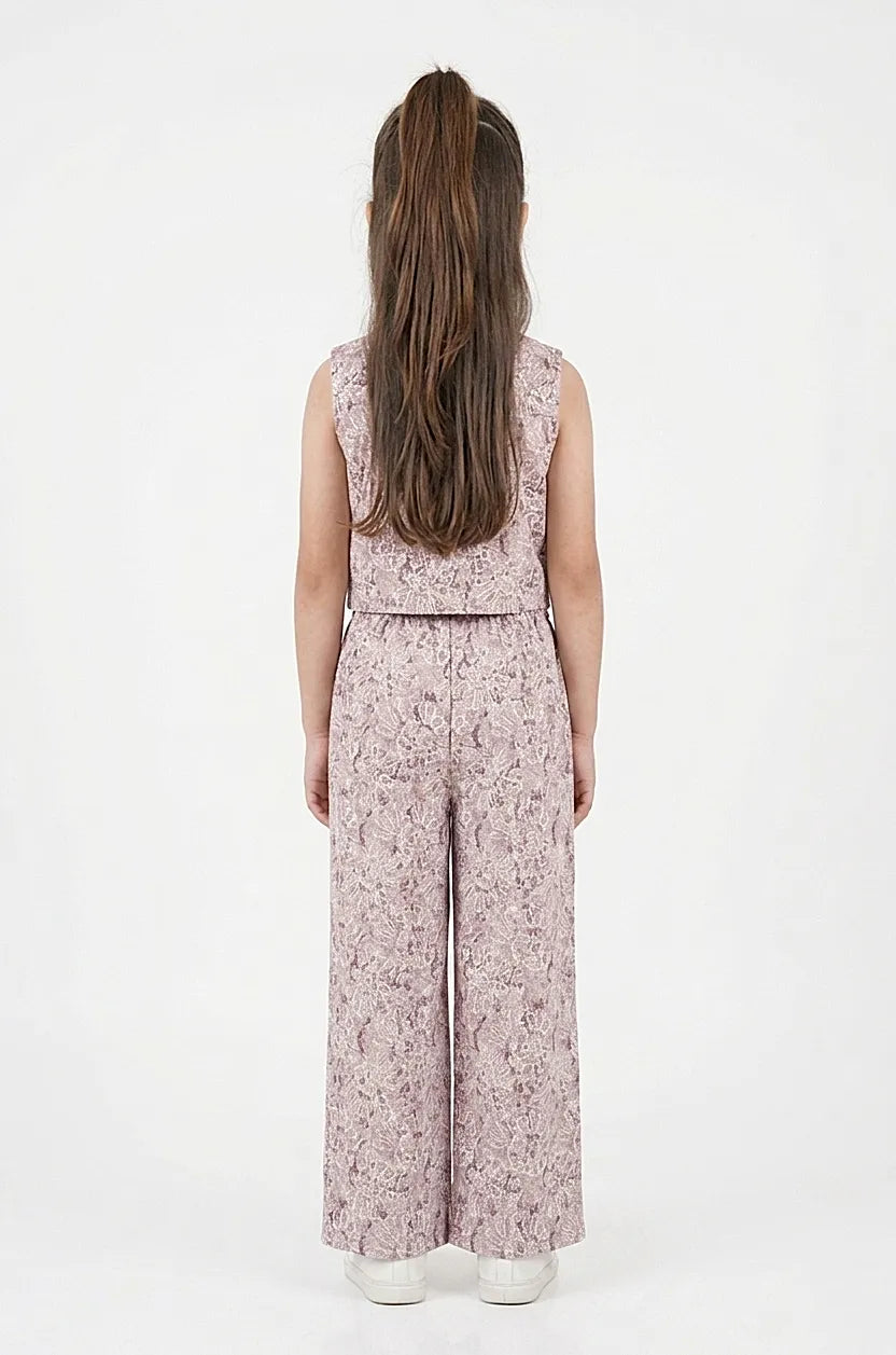 Girls Mauve & White Floral Printed Pure Cotton Co-ord Set