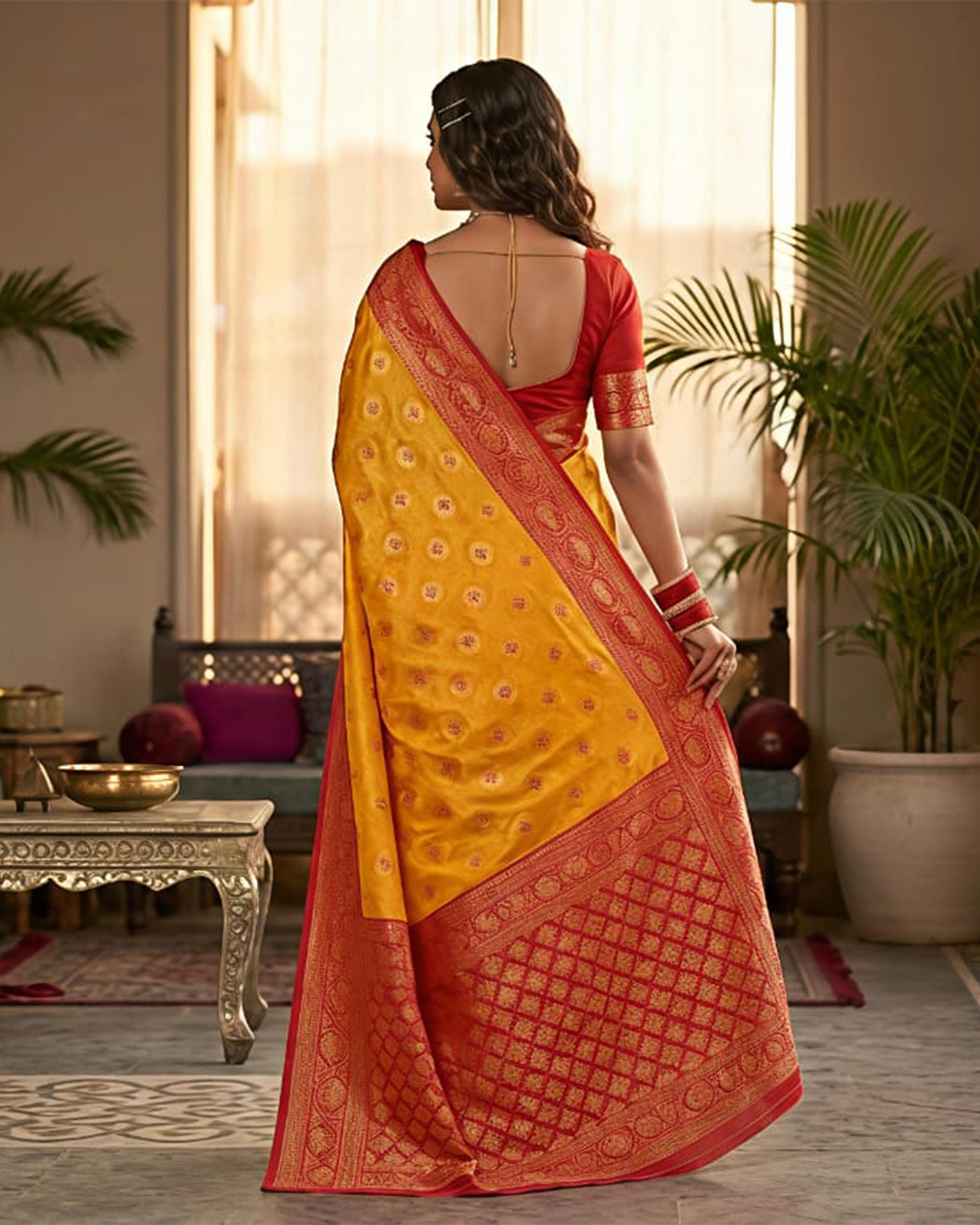 Mustard Yellow & Red Woven Design Art Silk Kanjeevaram Style Saree