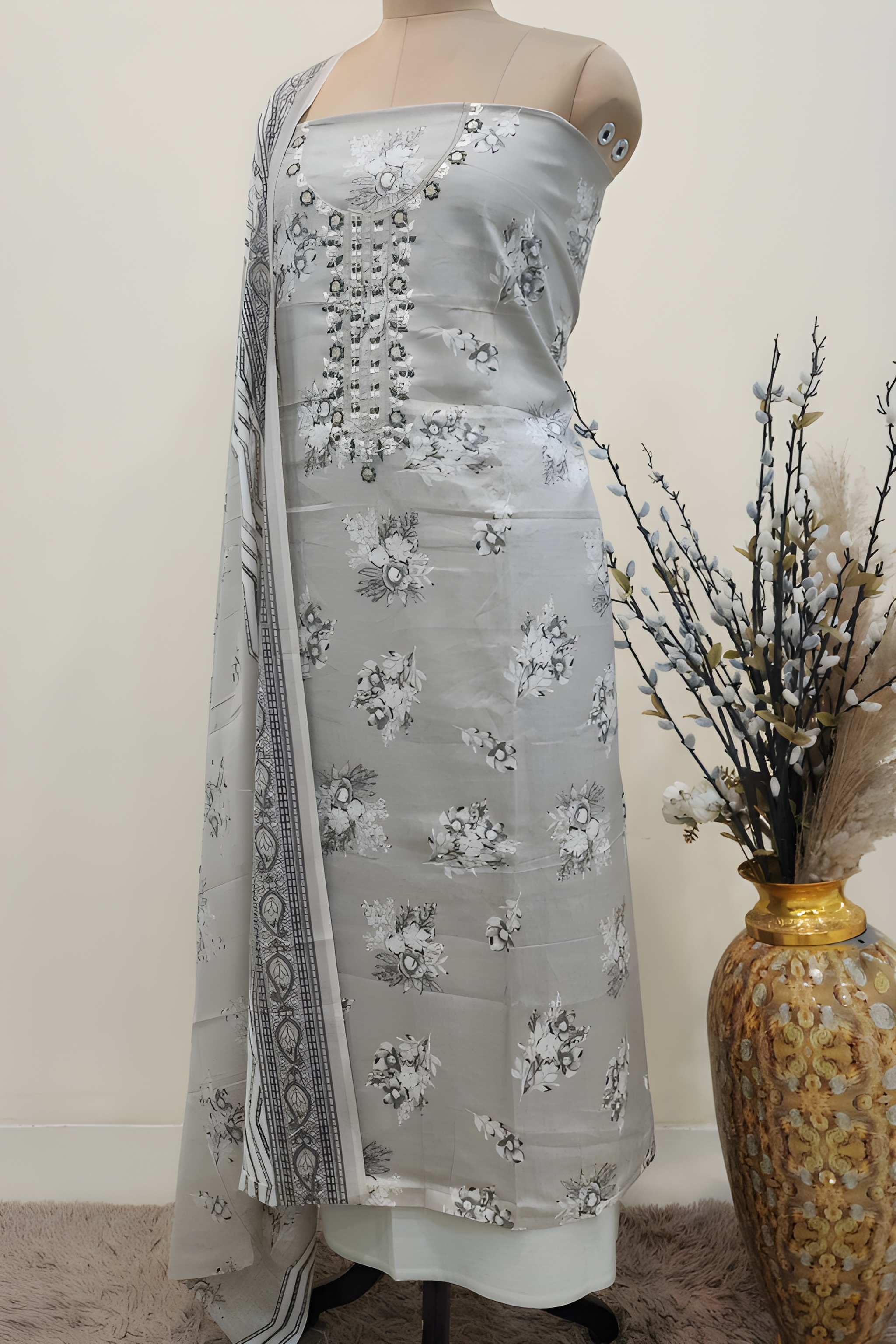 Women's  Grey Floral Printed Cotton Unstitched Suit Set