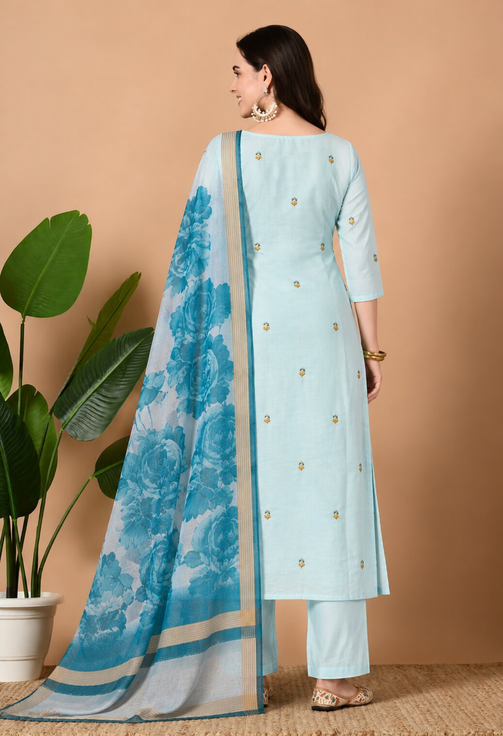 Light Blue Chanderi Silk Embroidered Suit Set with Blue Floral Organza Dupatta for Women