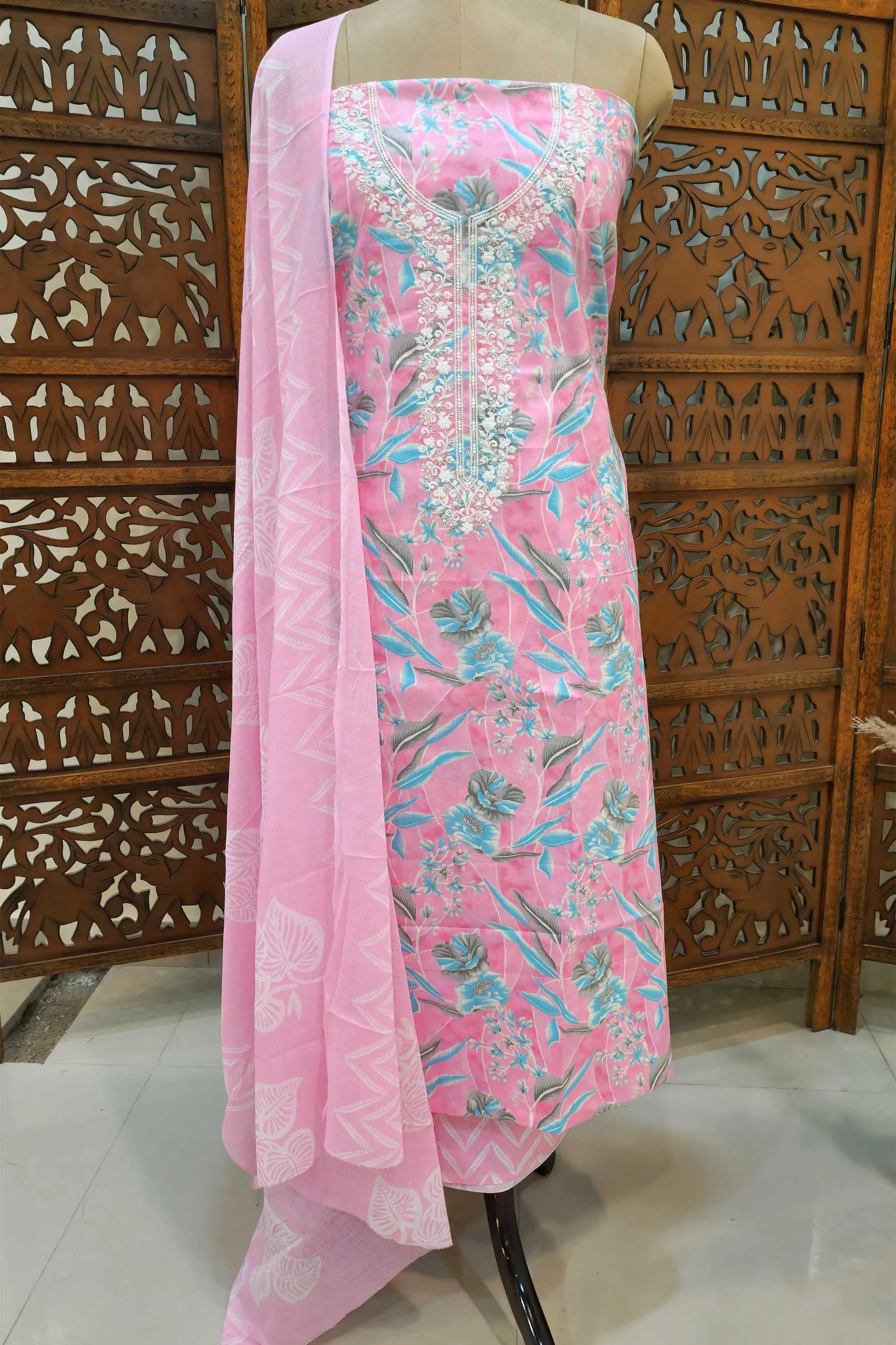 Women Pink & Blue Floral Printed Pure Cotton Unstitched Dress Material with Embroidered Neckline