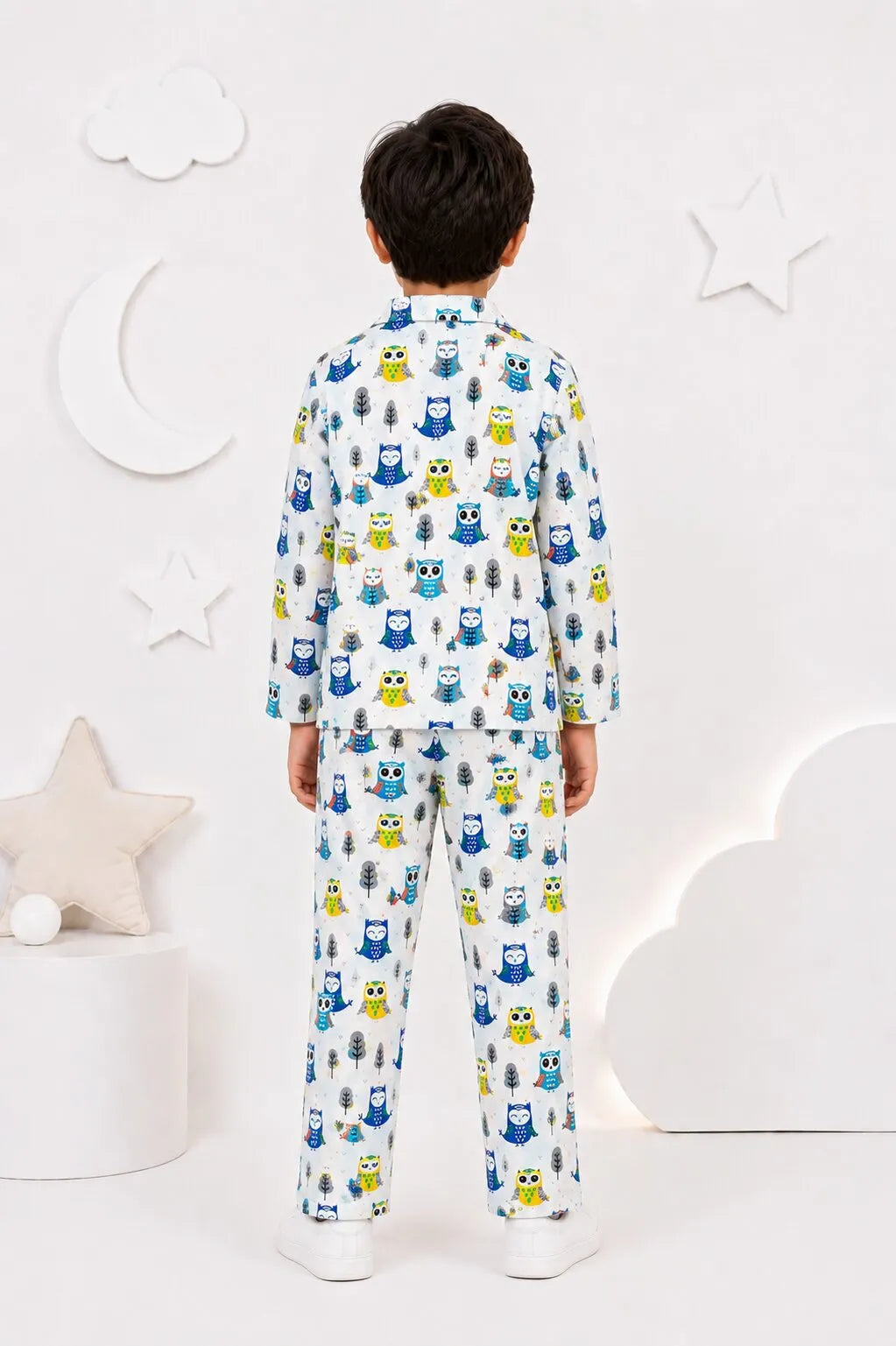 White & Blue Owl Print Pure Cotton Night Suit