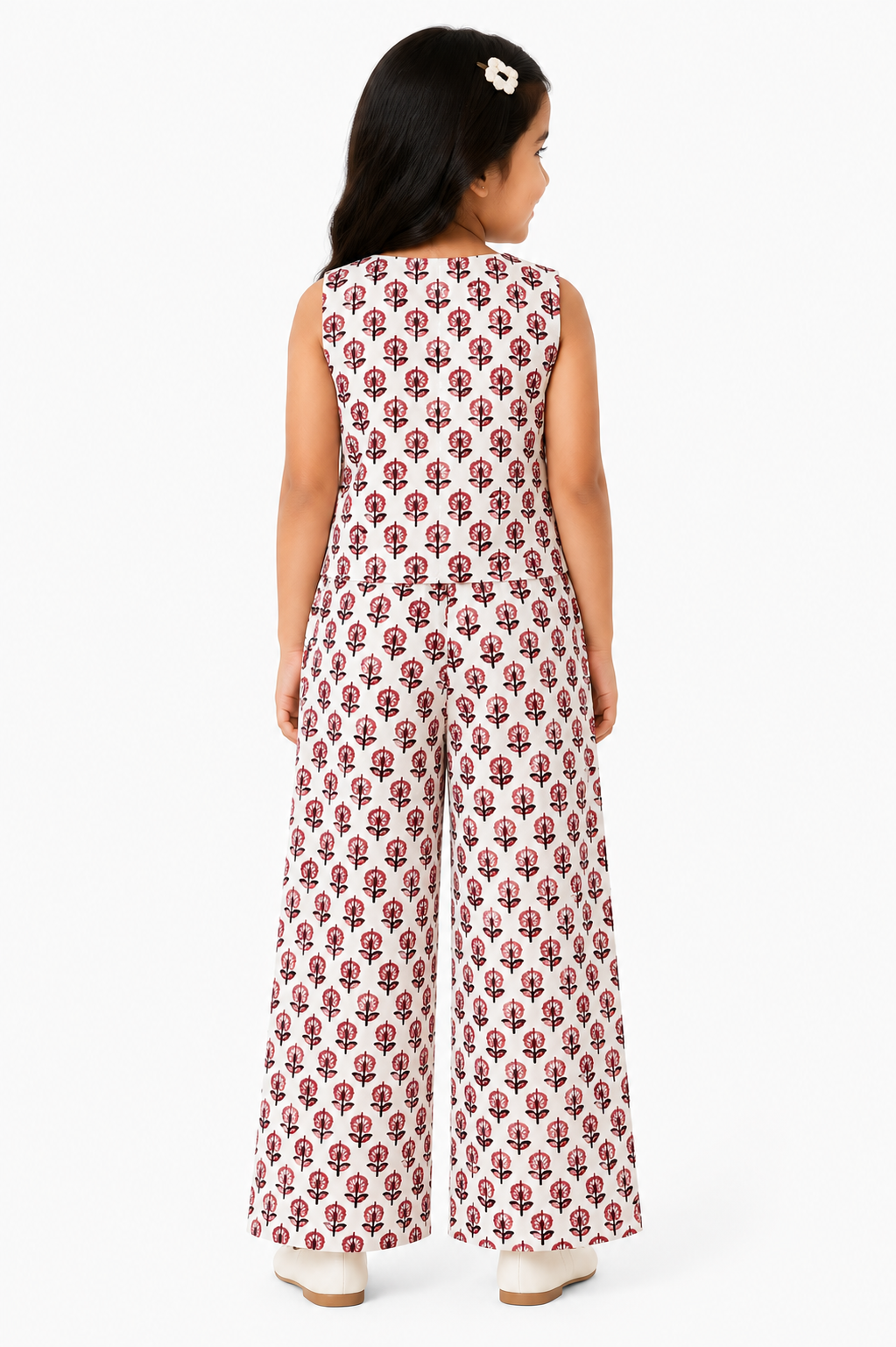 Girls Pure Cotton Printed Vest Style Crop Top and Wide-Leg Trousers Co-Ord Set