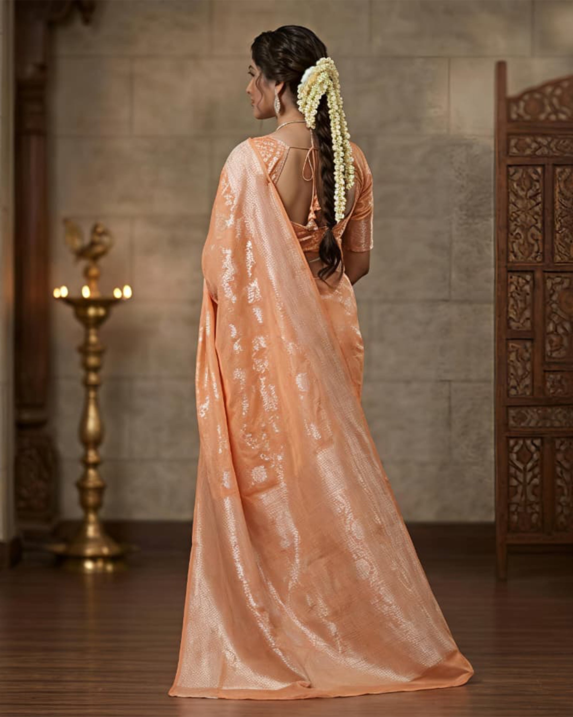 Peach & Silver-Toned Silk Blend Woven Design Banarasi Saree