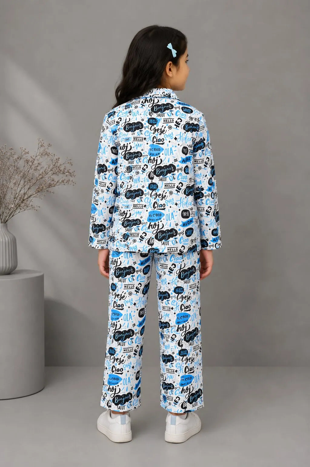 Girls Satin "Hello" Multilingual Print Night Suit