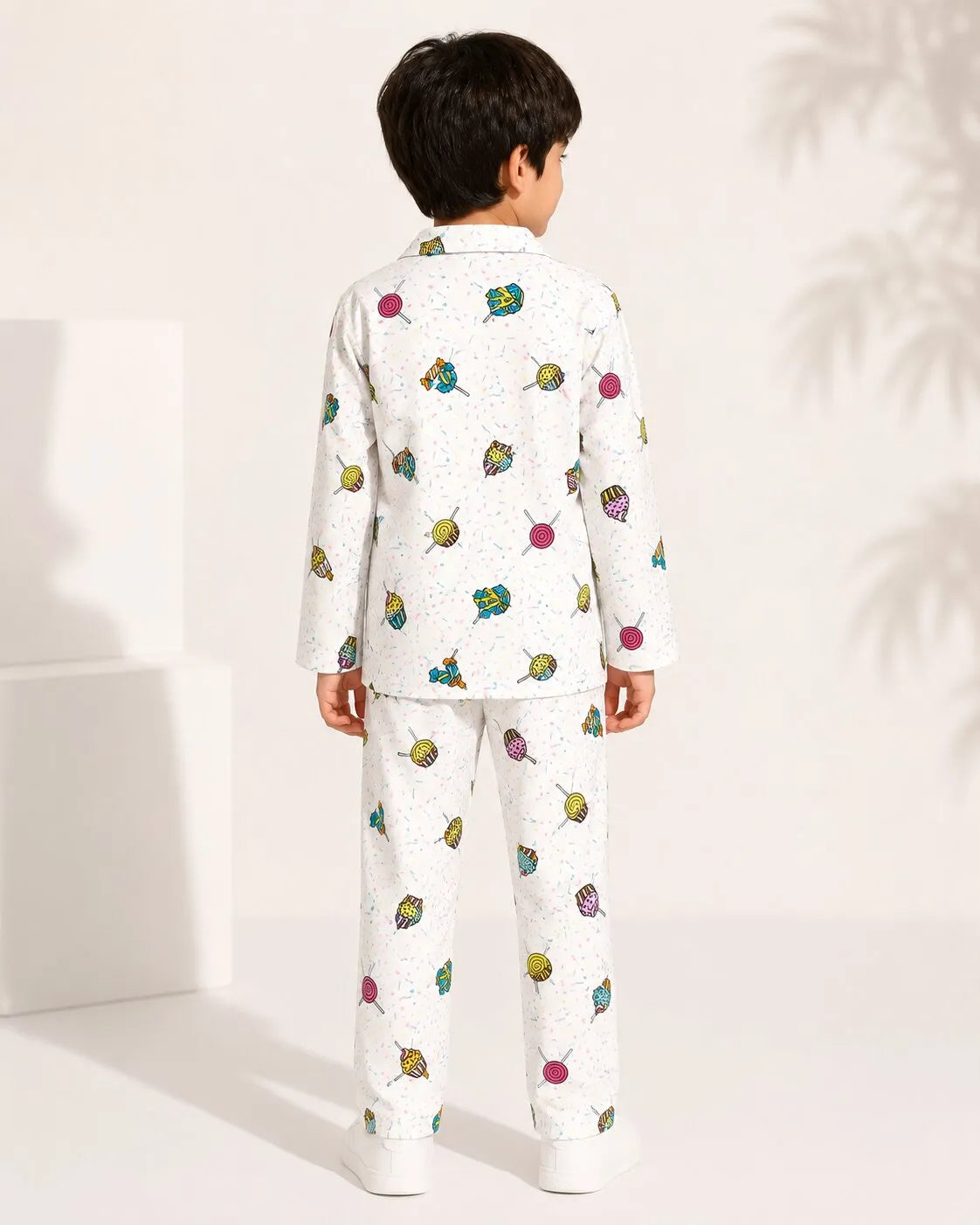 Kids White & Multi-Coloured Printed Satin Night Suit