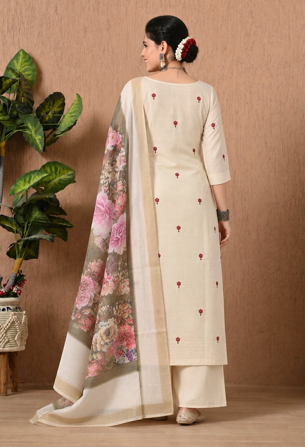 Cream Chanderi Silk Embroidered Suit Set with Floral Organza Dupatta for Women
