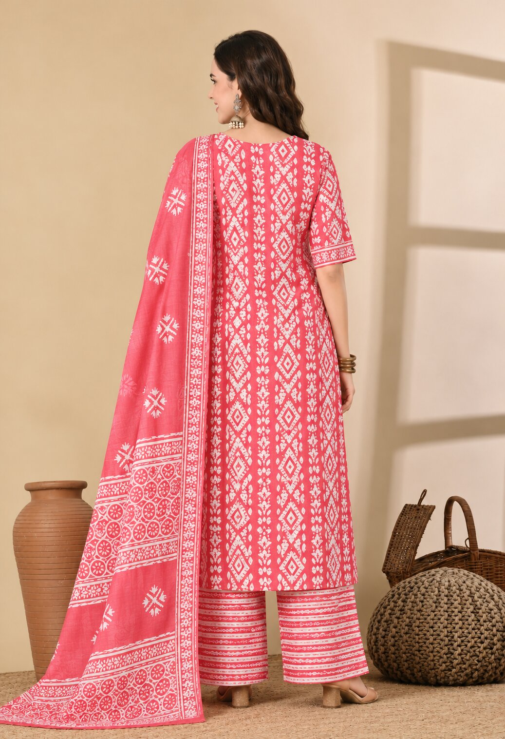 Red Cotton Printed Suit Set with Matching Cotton Dupatta