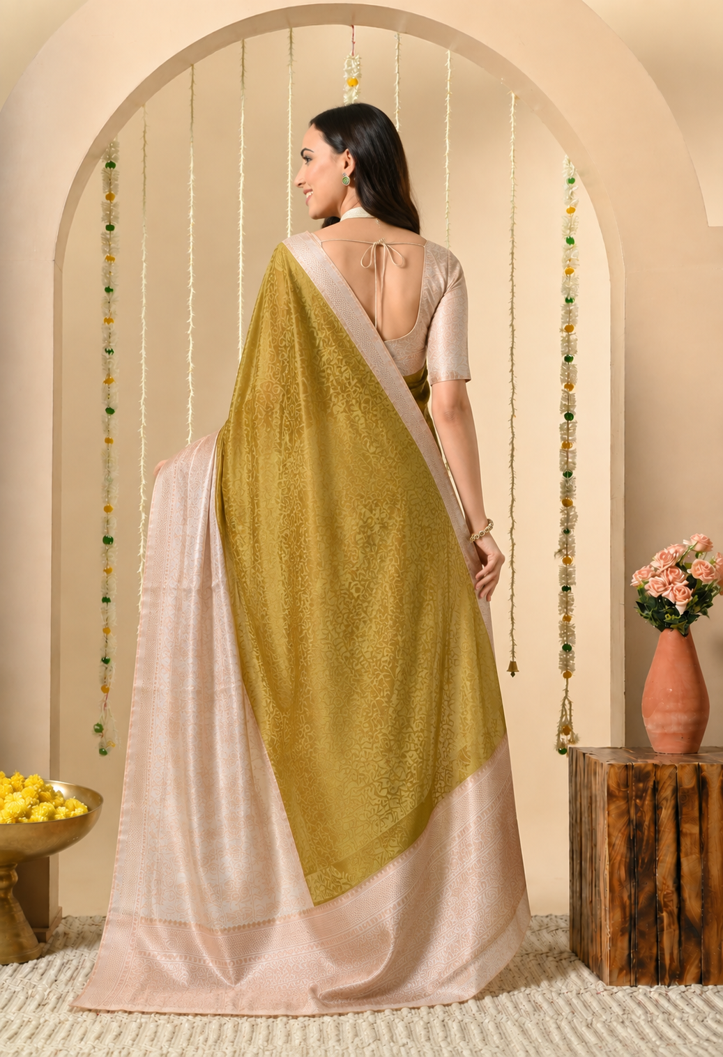 Women Mustard & Blush Pink Woven Design Silk Blend Saree