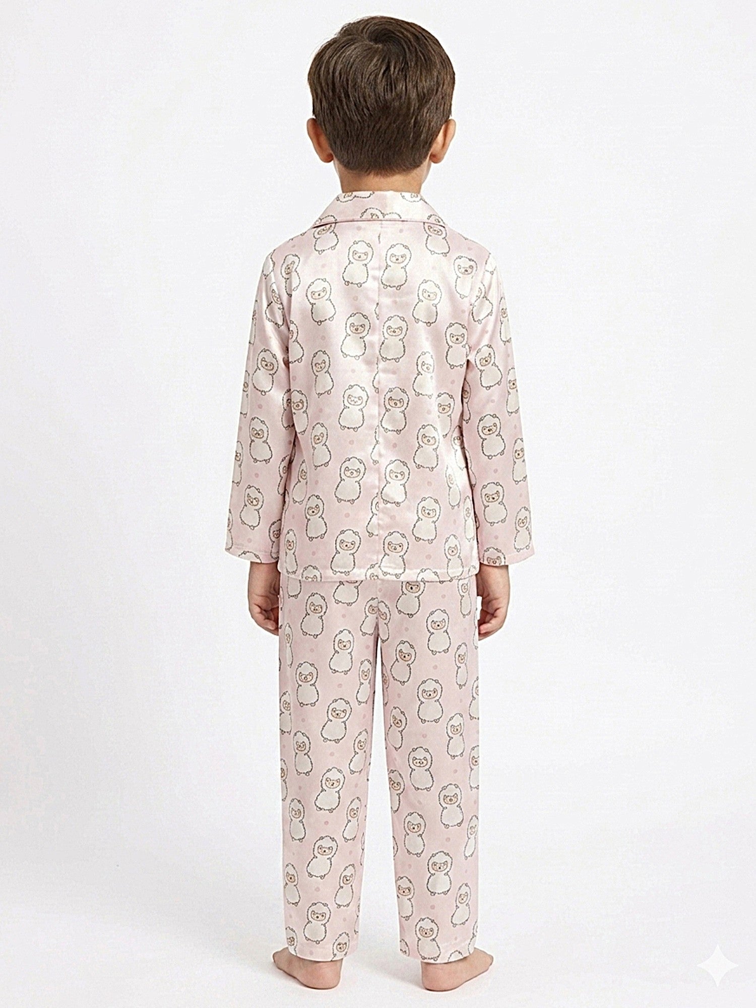 Boys Pink & White Cartoon Print Satin Night Suit Set