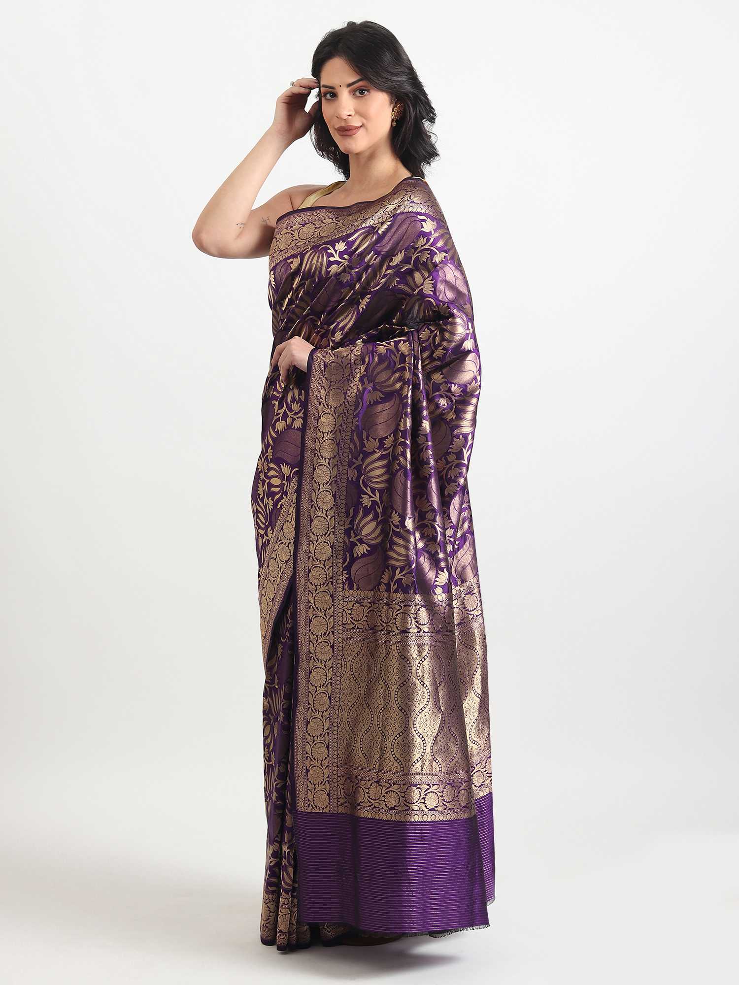 Purple Pure Katan Silk Banarasi Handloom Saree with Gold Zari Work
