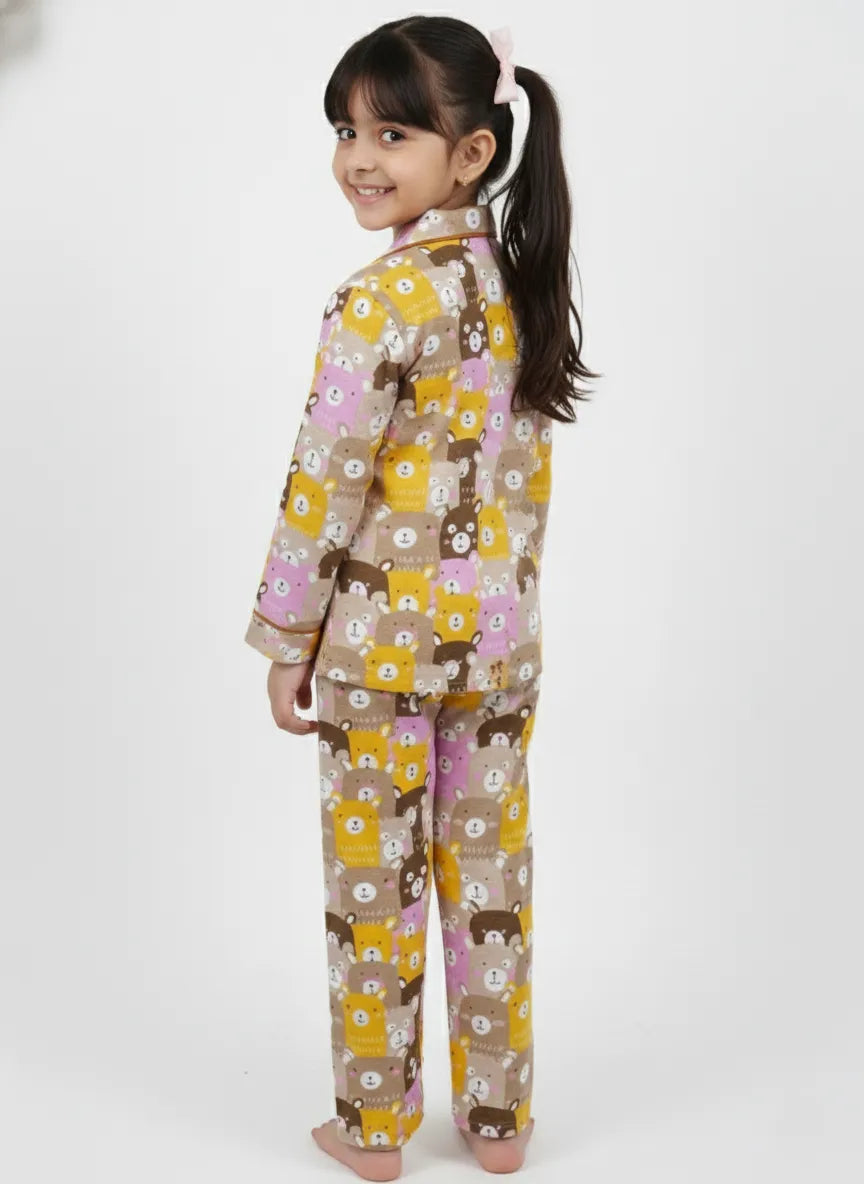 Kids Girls Full Sleeve Collared Pure Cotton Night Suit