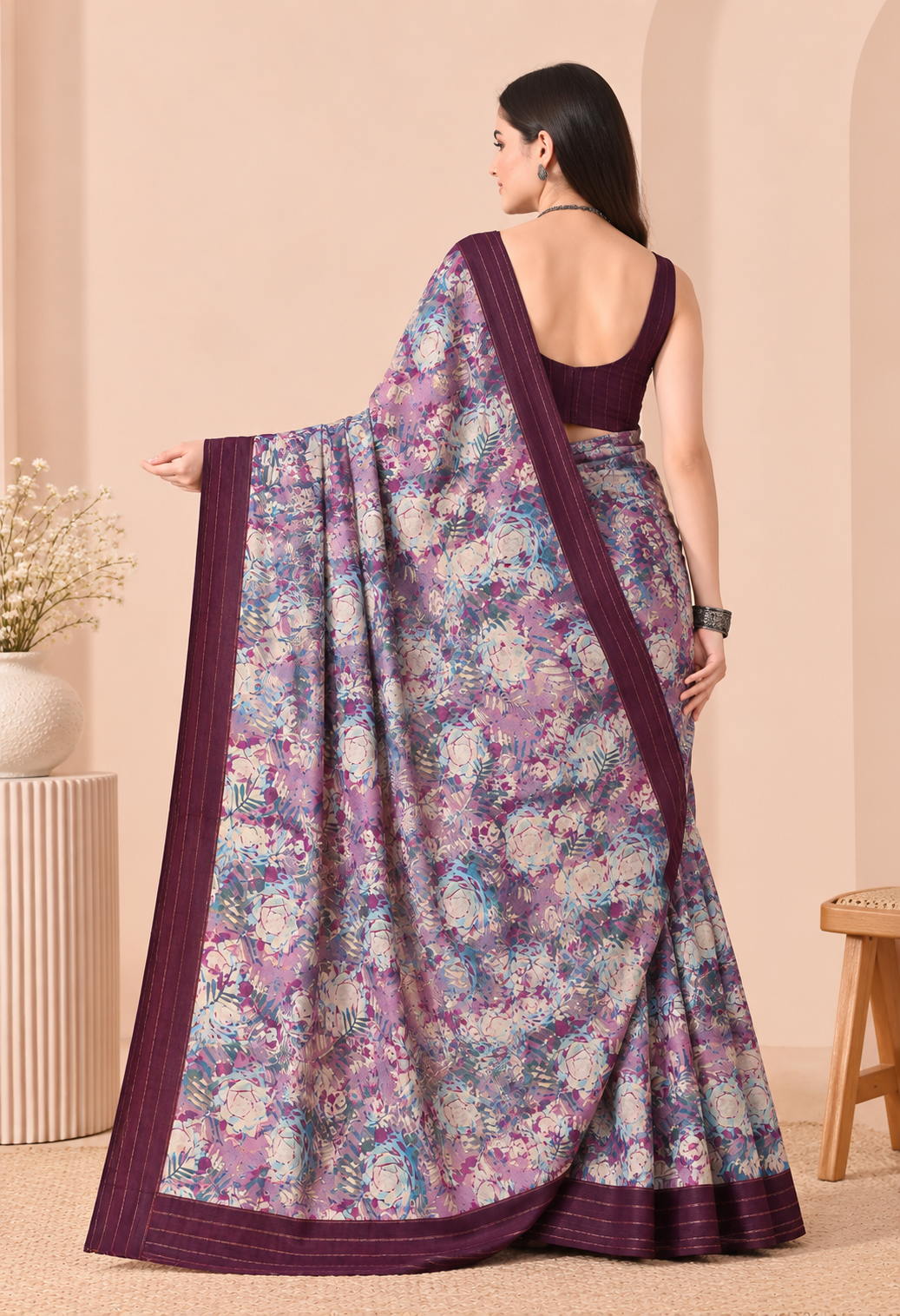 Elegant Multicolour Floral Printed Saree with Rich Wine Border