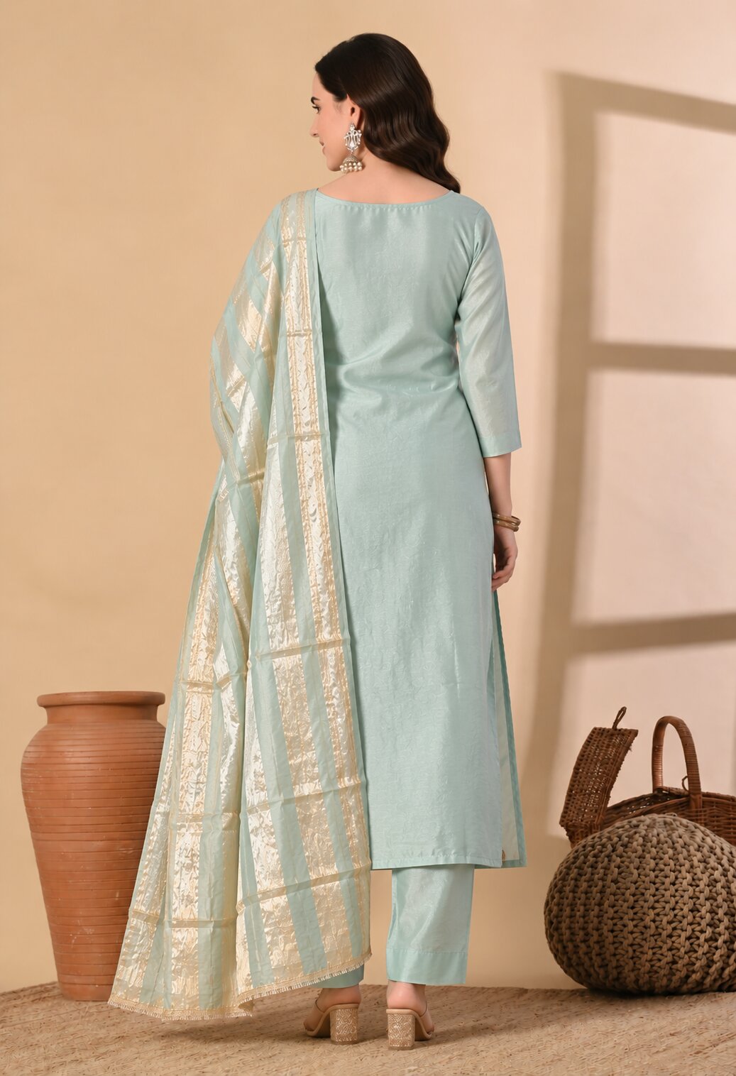 Pastel Blue Chanderi Silk Embroidered Suit Set with Organza Dupatta