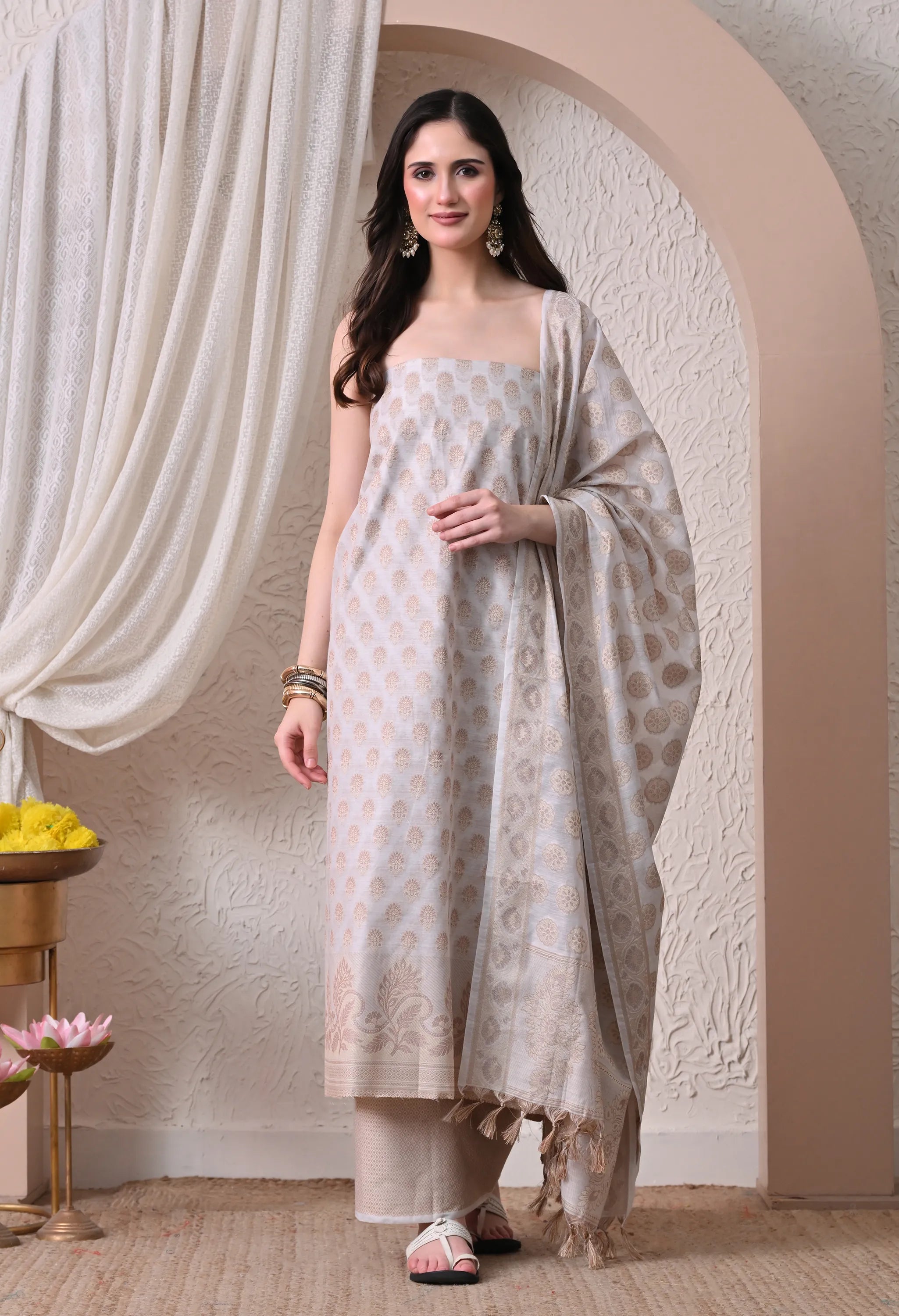 Elegant Off-White and Gold Woven Silk Unstitched Salwar Suit Material with Banarasi Style Dupatta