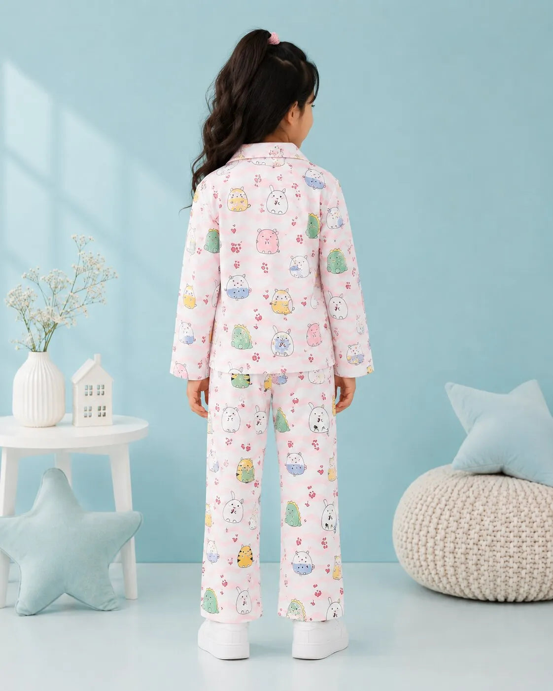 Girls Whimsical Animal & Wave Print Premium Satin Night Suit – Full Sleeve Shirt & Pajama Set