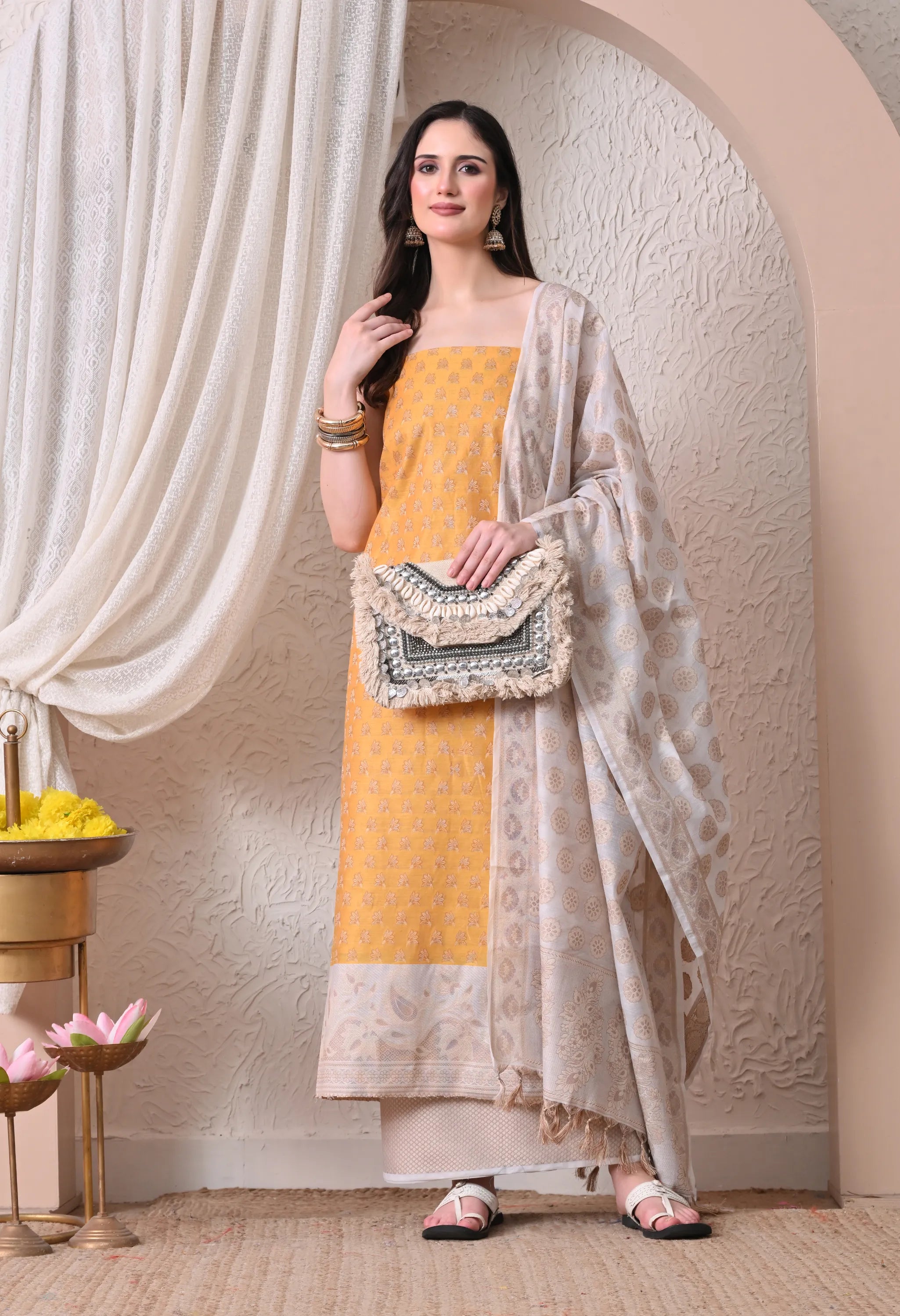 Elegant Mustard Yellow and Off-White Woven Silk Unstitched Salwar Suit Material with Banarasi Style Dupatta
