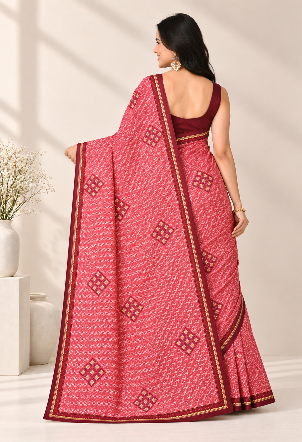Elegant Red Chiffon Saree with Geometric Printed Design