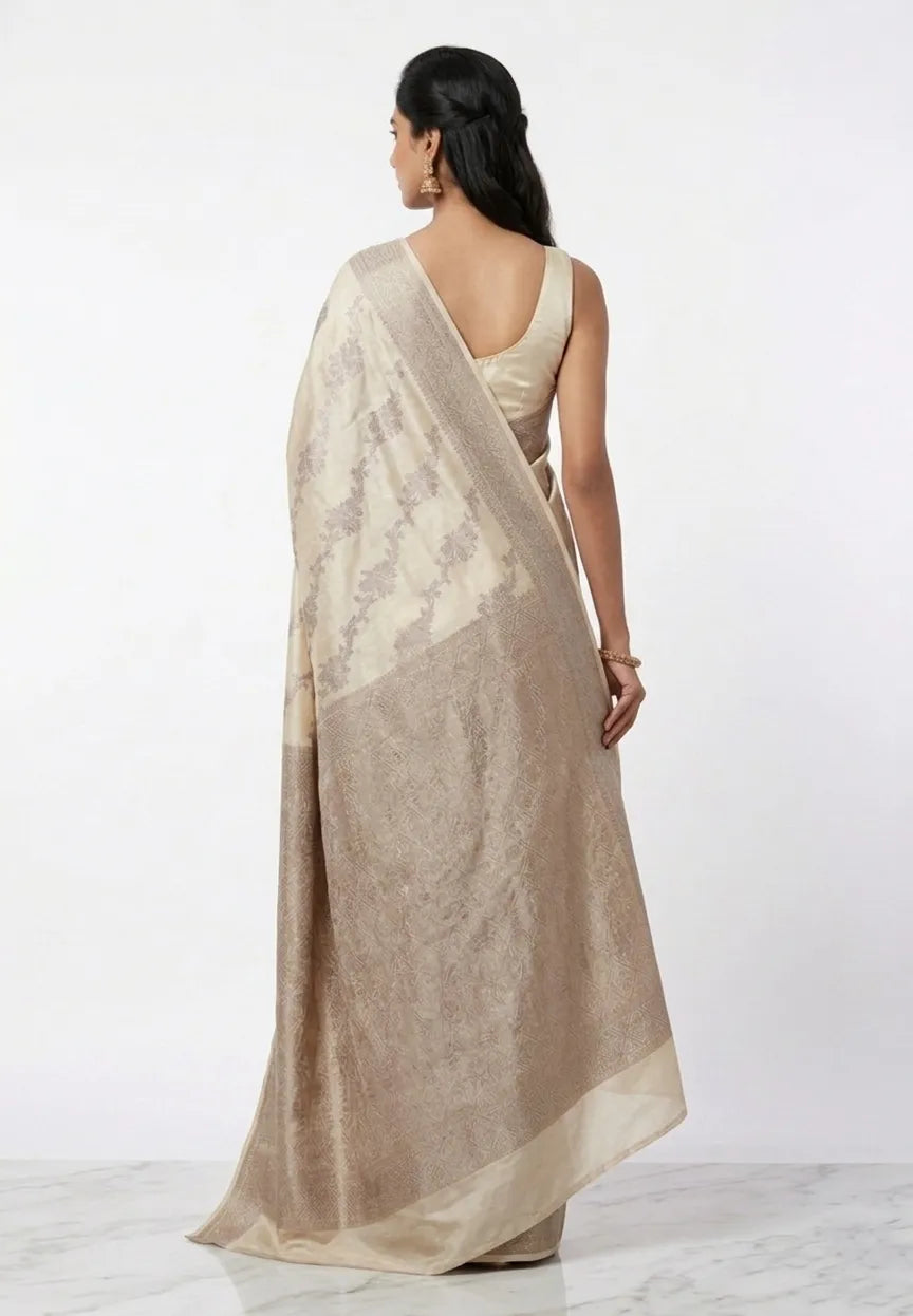 Women Cream & Champagne-Gold Ethnic Motifs Woven Design Art Silk Saree