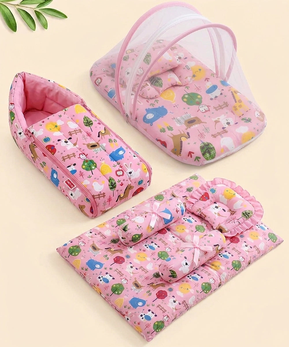 Unisex Infants Pink & White Printed 3-in-1 Bedding Combo – Carry Nest, Mattress with Net & Gadda Set