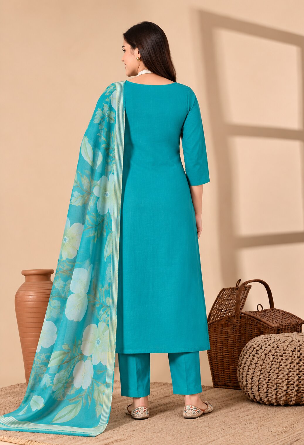 Teal Blue Chanderi Silk Embroidered Suit Set with Dupatta