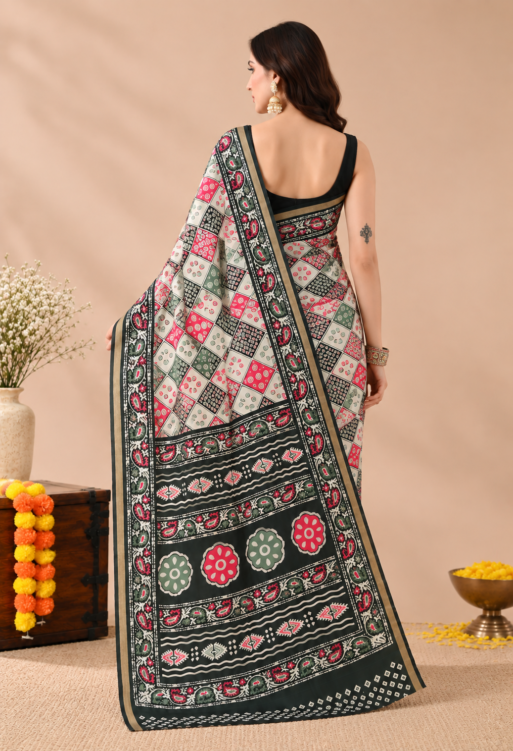 Elegant Off-White Geometric Floral Printed Saree with Dark Green Traditional Border