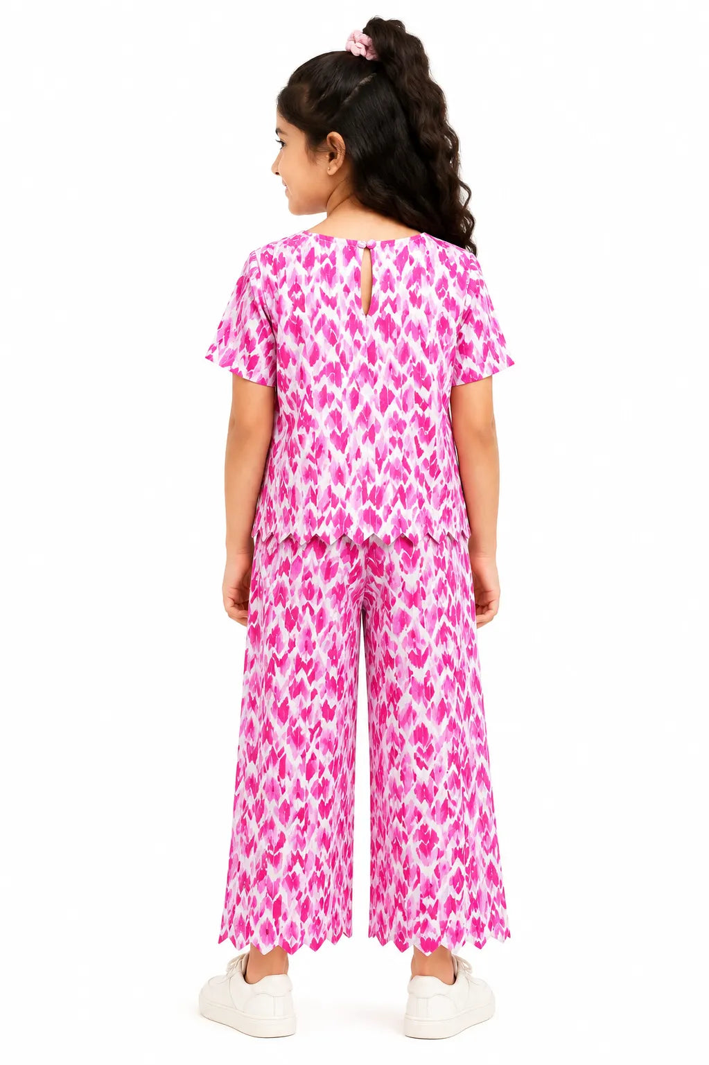 Girls Pink Ikat Printed Co-ord Set - Scallop Hem V-Neck Top & Wide-Leg Trousers
