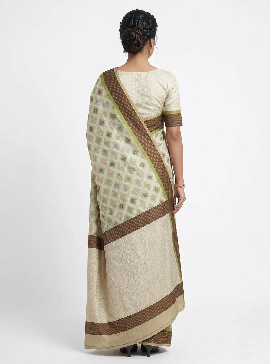Women Sage Green & Brown Geometric Printed Chanderi Silk Saree with Unstitched Blouse
