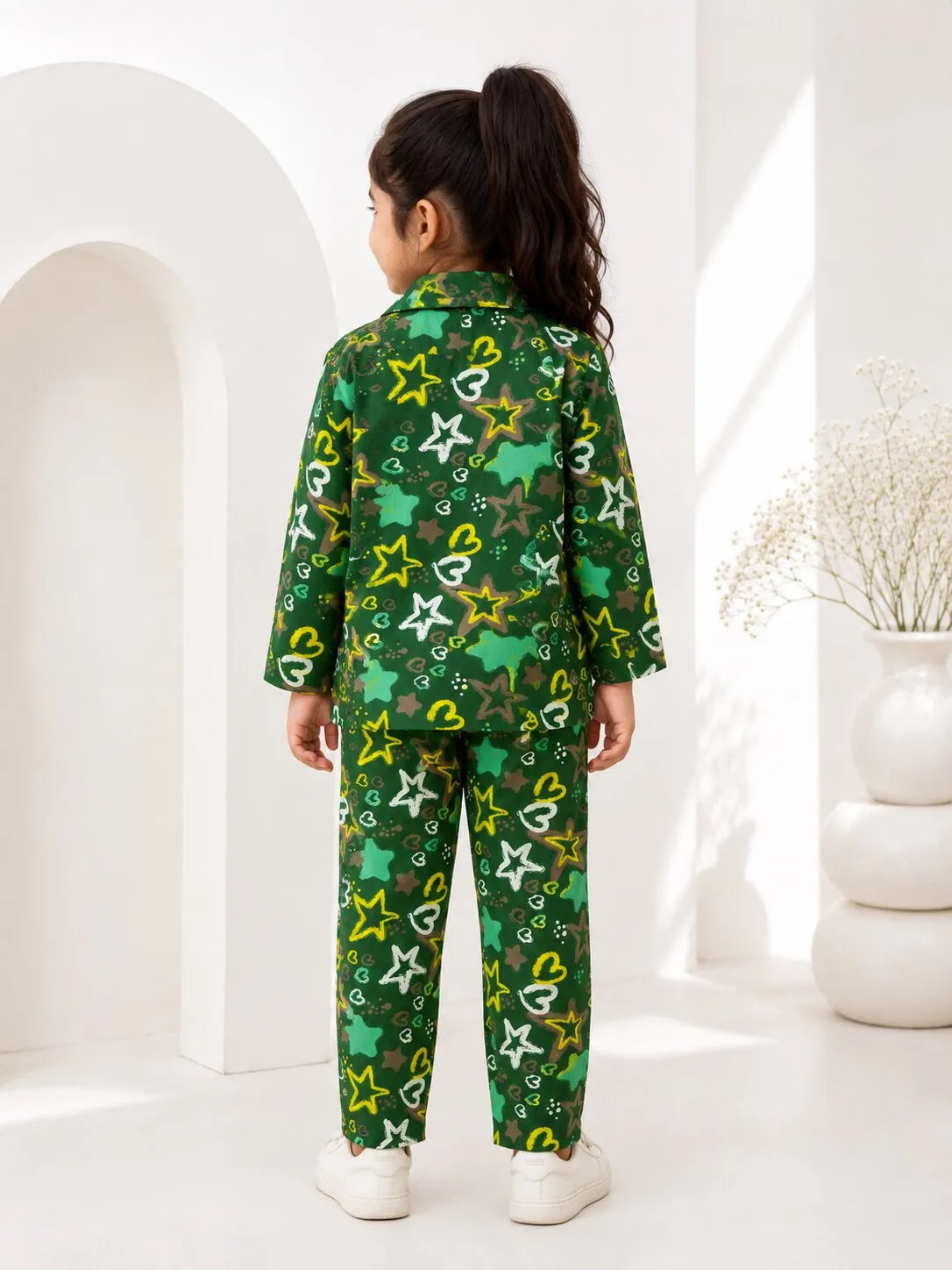 Girs  Pure Cotton Olive Green Star & Heart Print Night Suit