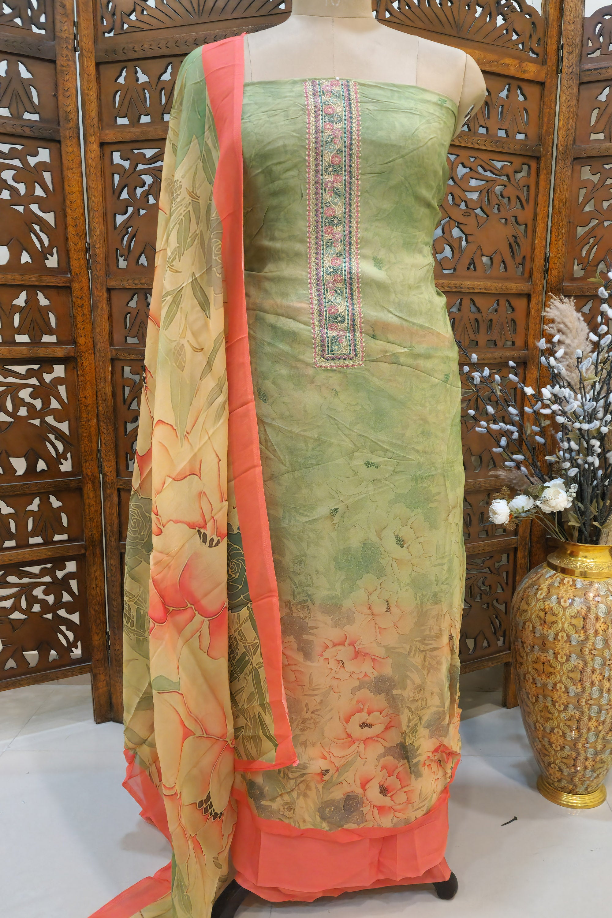 Women Sage Green & Peach Floral Printed  Organza Unstitched Dress Material with Embroidered Neckline