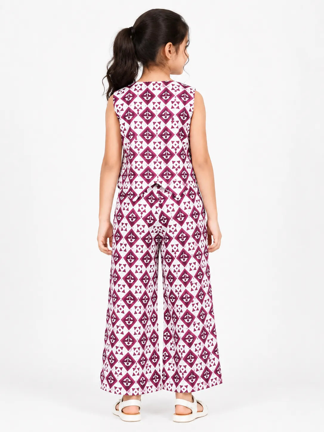 Girls' Pink Geometric Batik-Print Vest & Wide-Leg Co-Ord Set