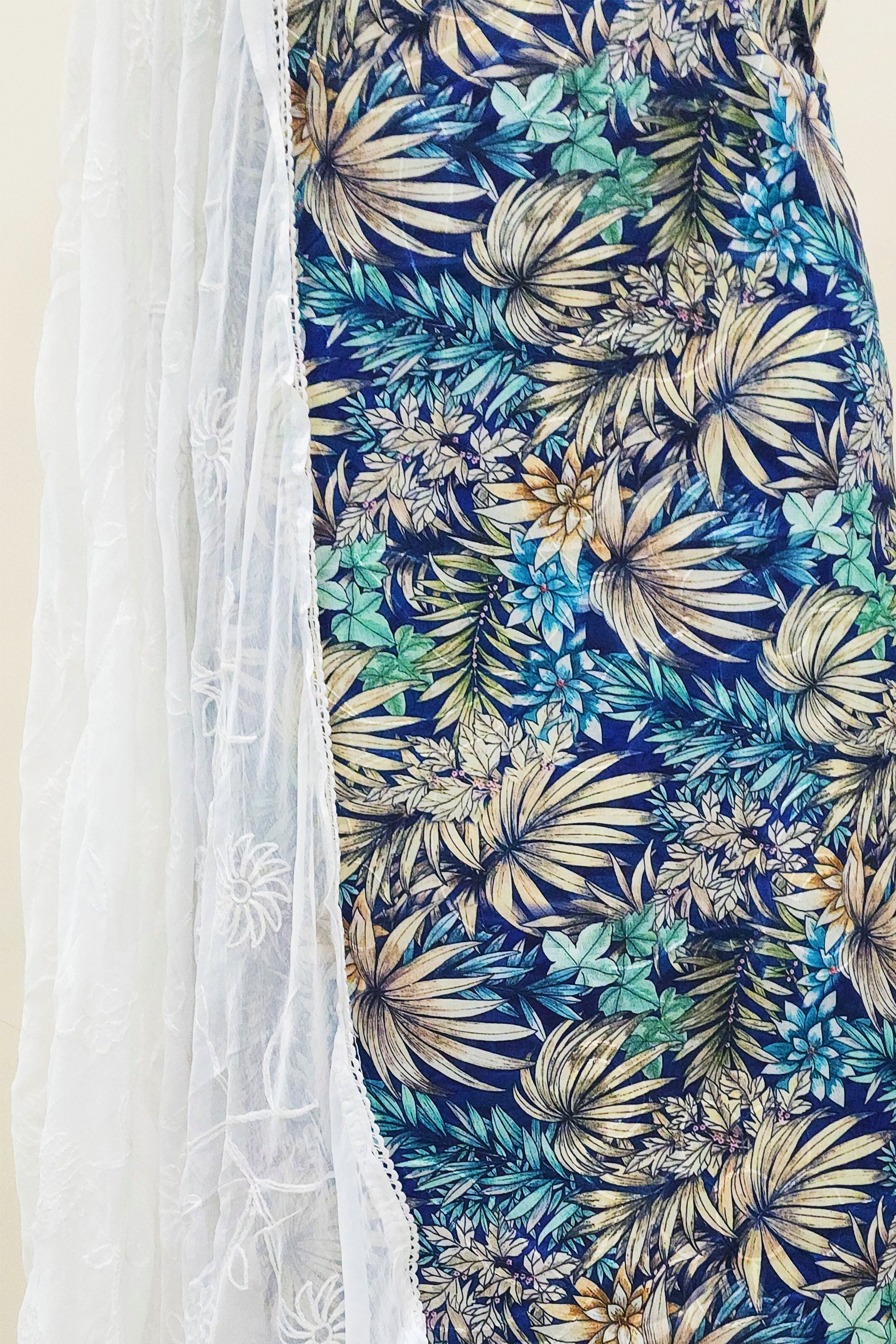 Women's Blue & Cream Floral Printed Unstitched Salwar Suit Set