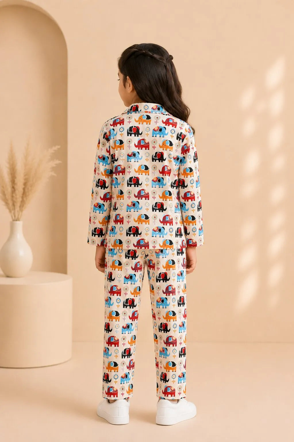 Kids' Elephant Print Cotton Girls Night Suit