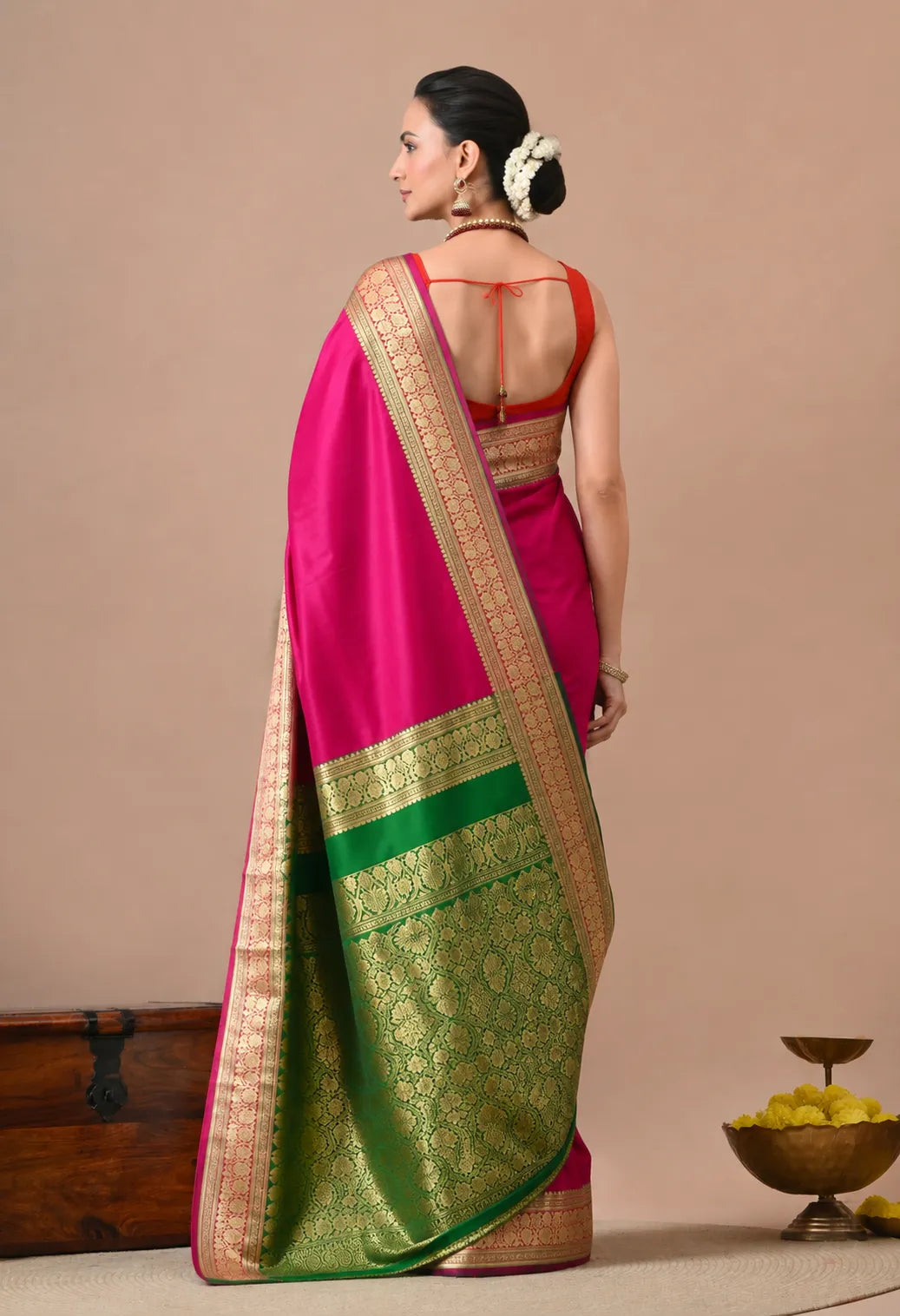 Rani Pink Silk Saree with Zari Borders and Green Contrast Pallu