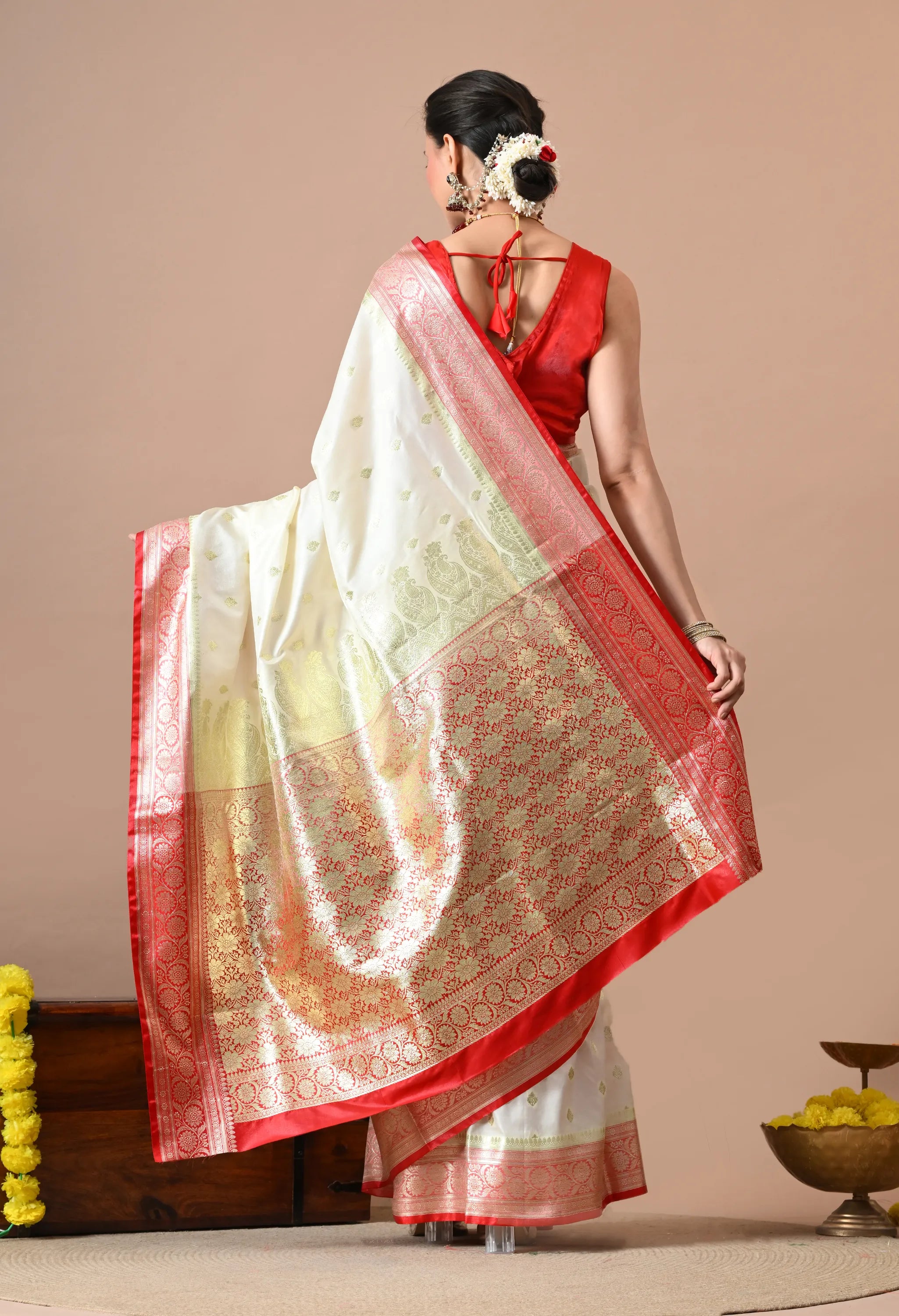 Off-White & Red Silk Blend Banarasi Woven Design Saree