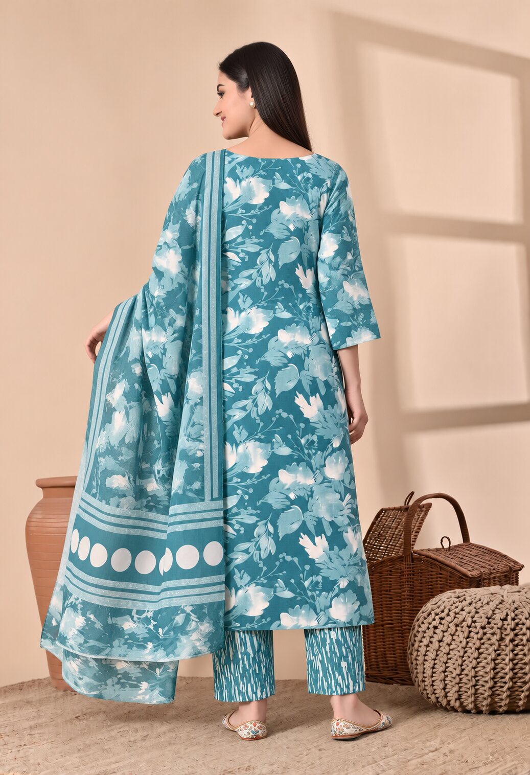 Teal Blue Cotton Printed Suit Set with Cotton Dupatta