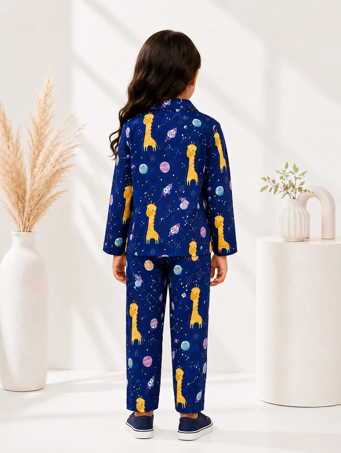 Kids Girls Navy Blue & Yellow Giraffes in Space Printed Night Suit