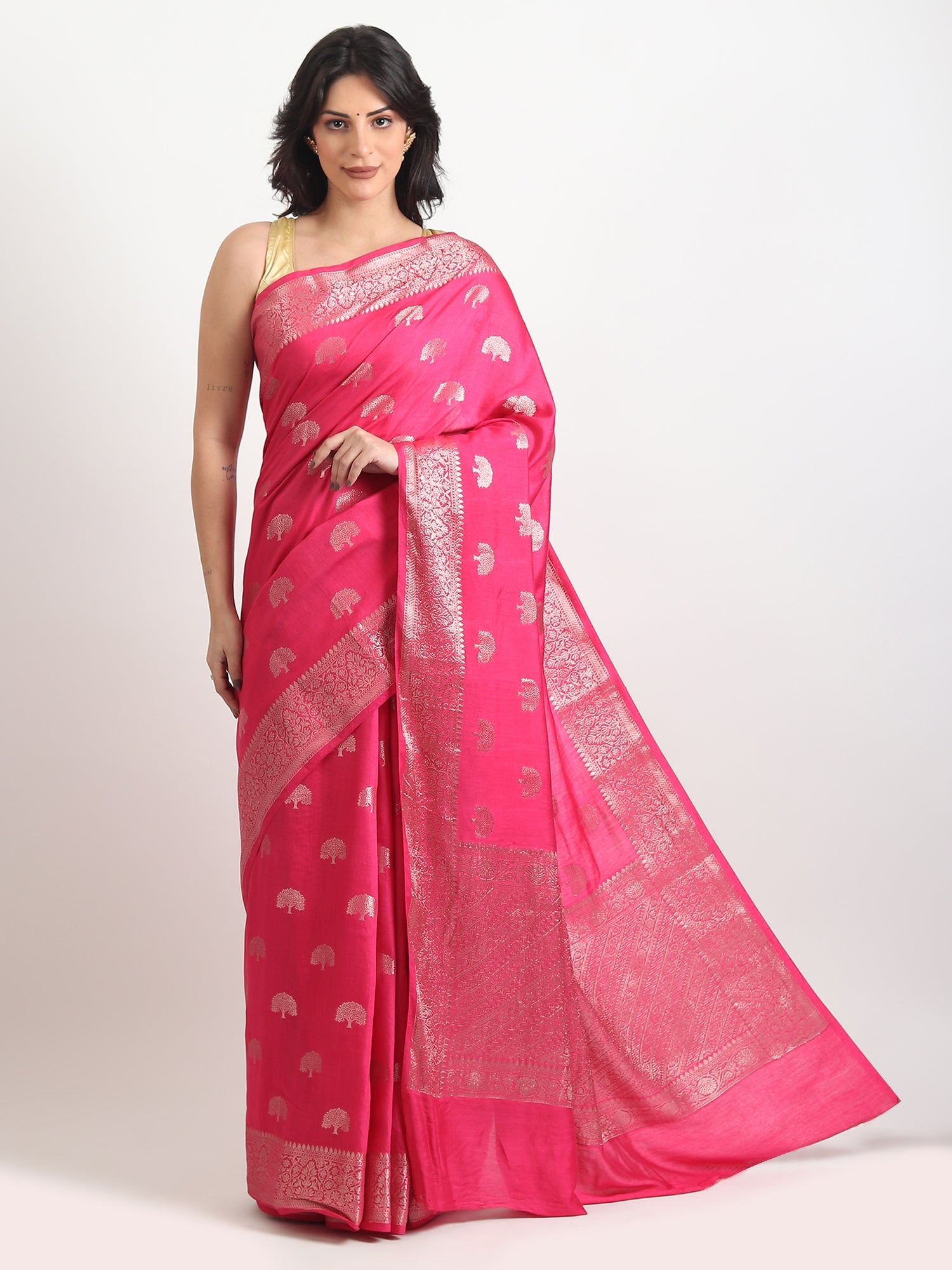 Cotton Silk Banarasi Saree With Unstitched Blouse - Hot Pink