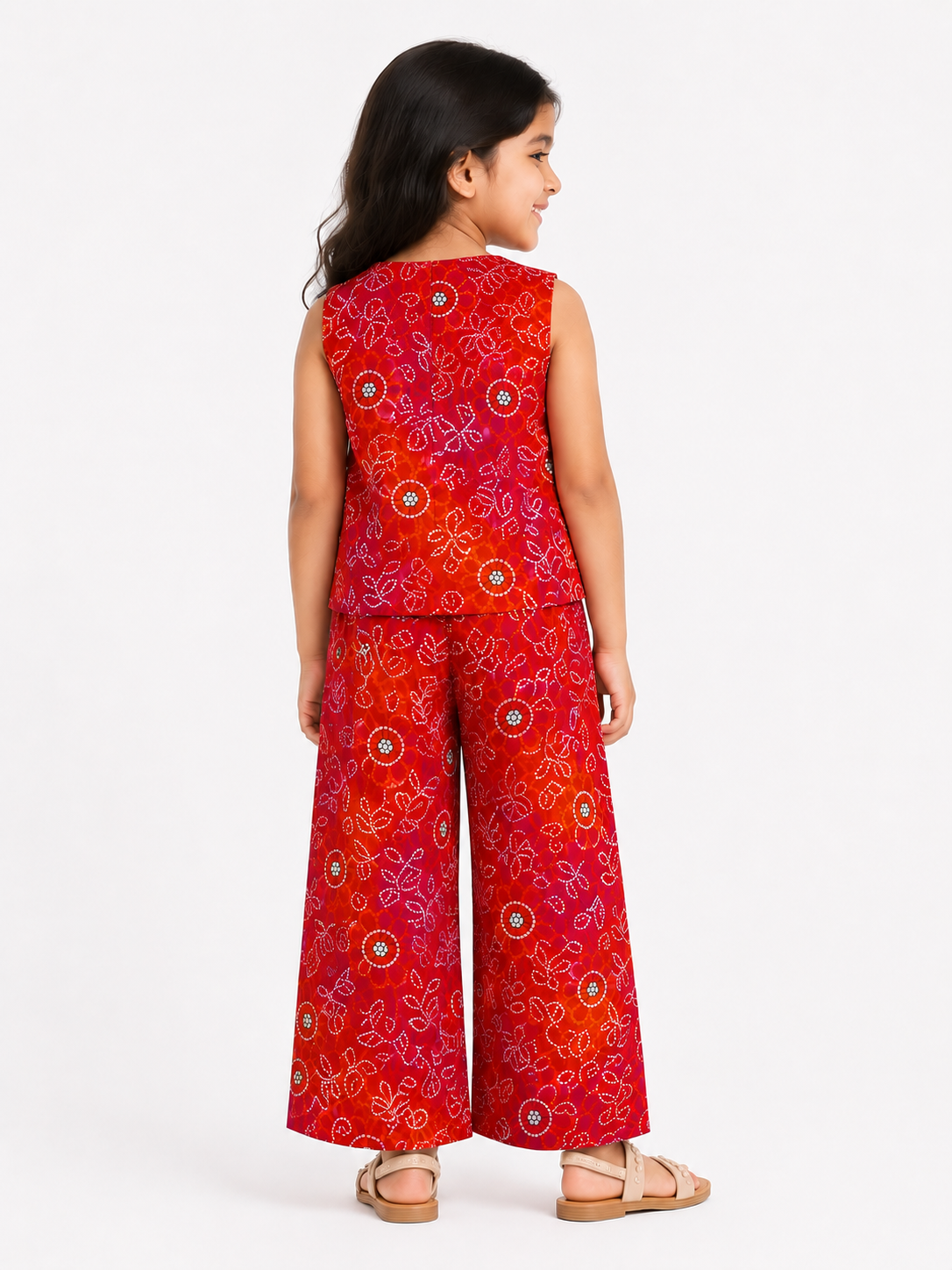 Girls Pure Cotton Bandhani Printed Vest Style Crop Top and Wide-Leg Trousers Co-Ord Set
