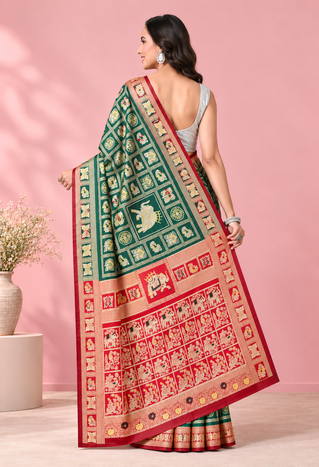 Elegant Green & Red Traditional Printed Saree with Intricate Ethnic Patterns