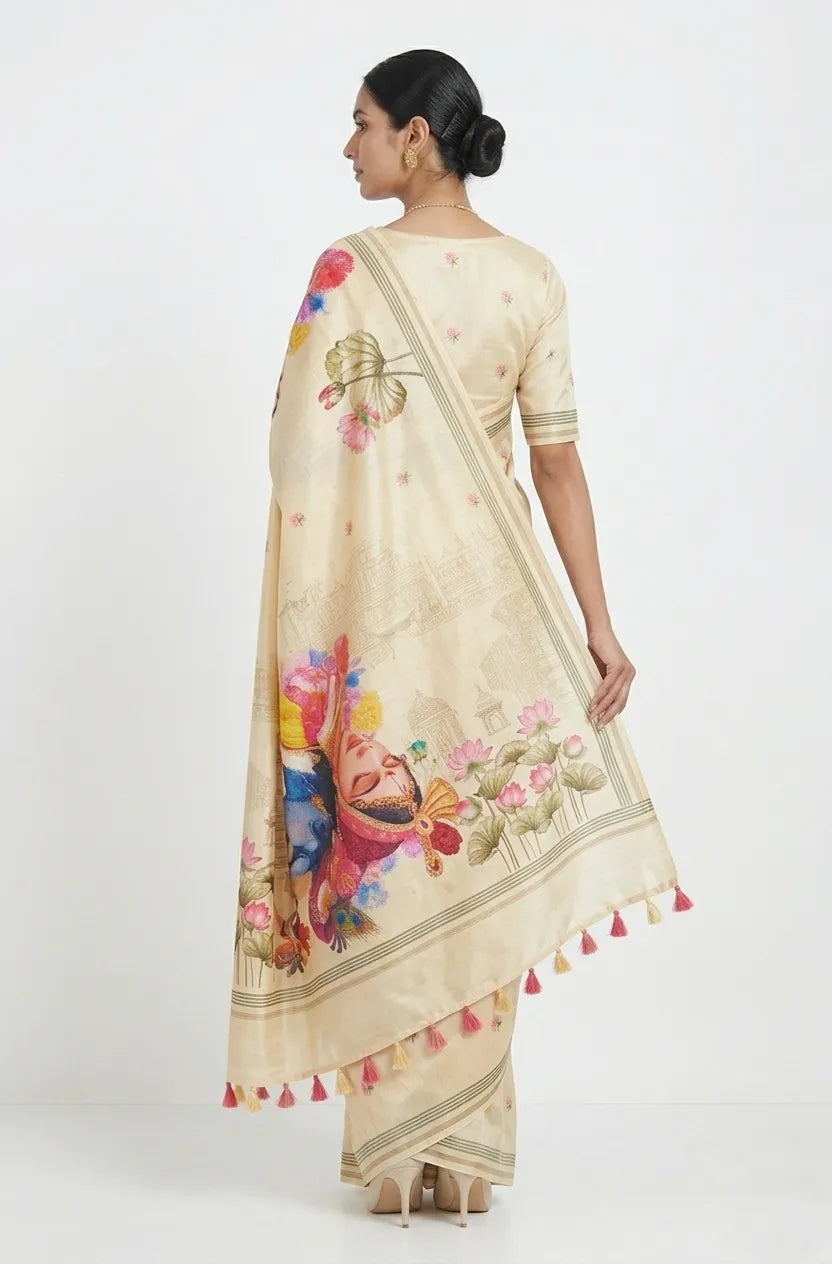 Cream Silk Blend Saree with Radha Krishna Digital Print & Tassels