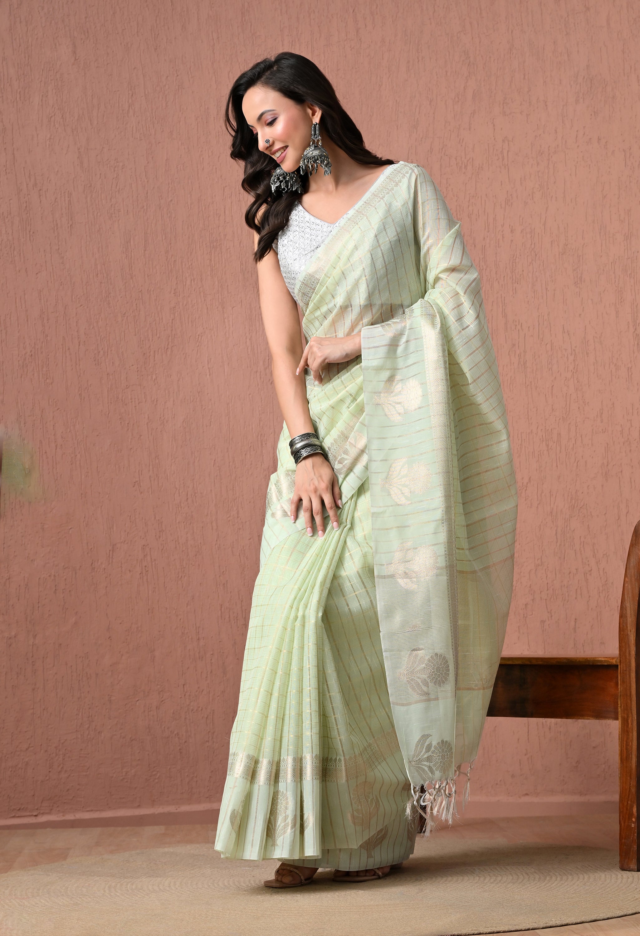 Pure Cotton Saree in Pastel Mint Green with Silver Zari Checked Pattern and Floral Pallu