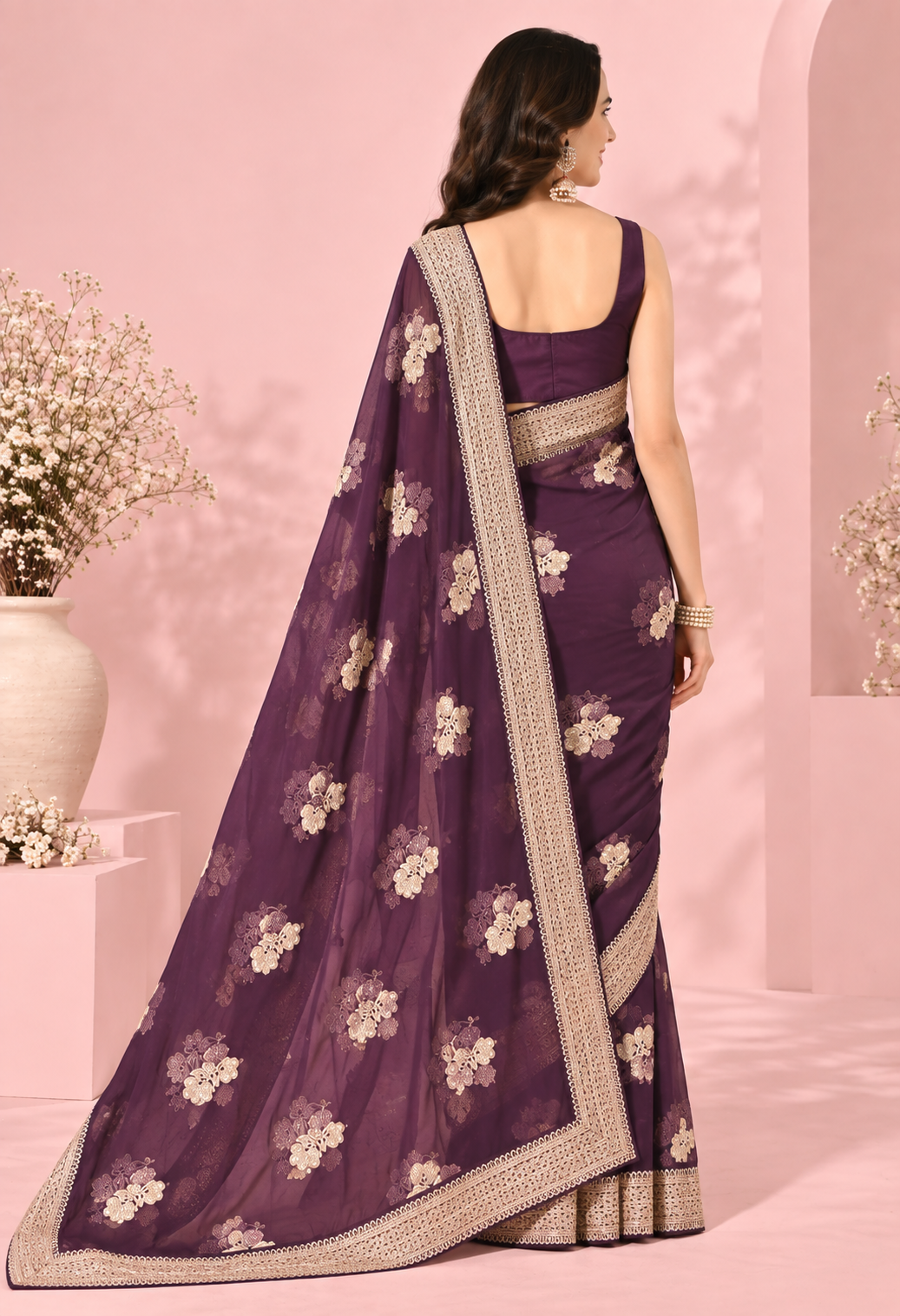 Elegant Plum Purple Floral Printed Saree with Intricate Golden Border