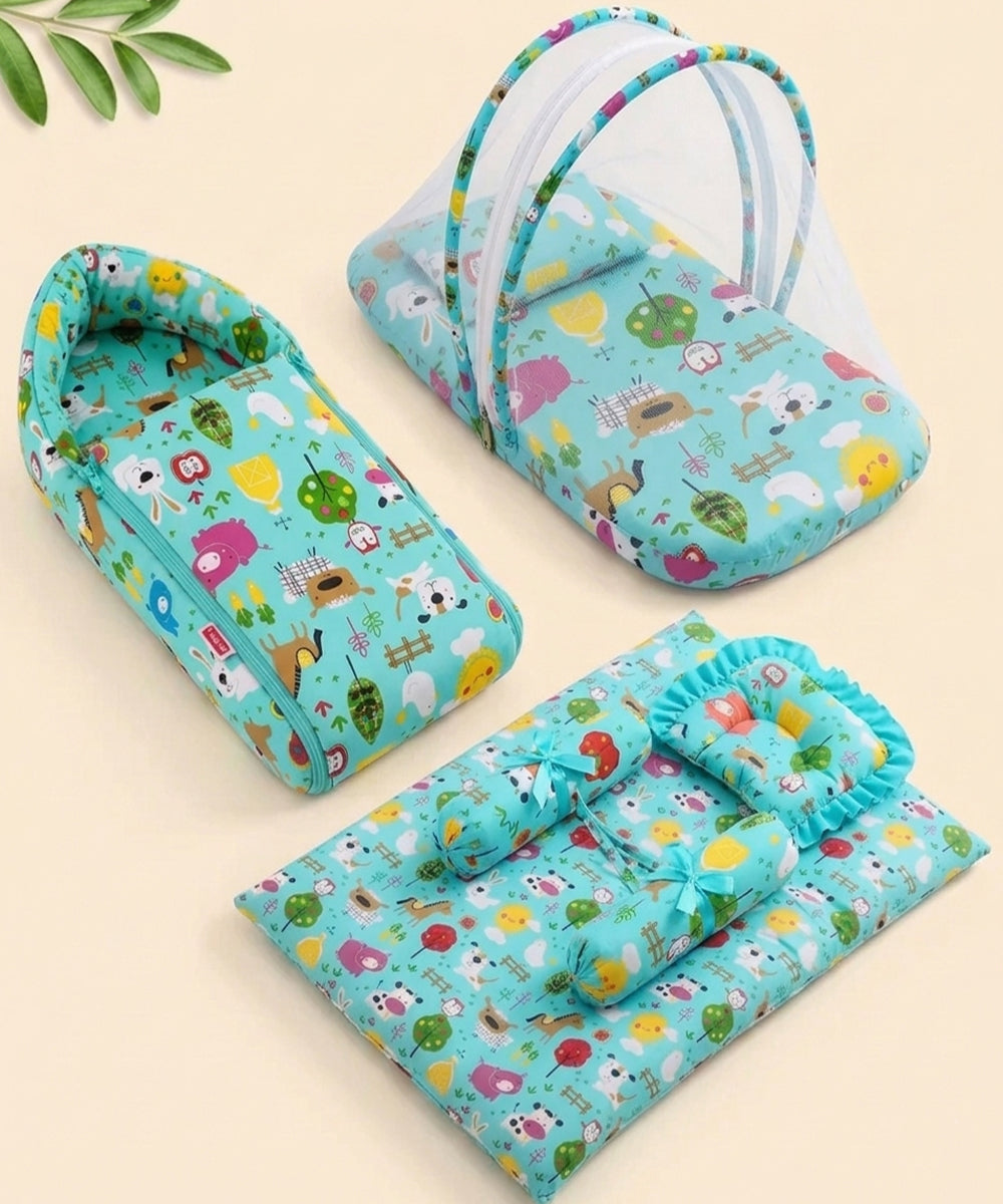 Unisex Infants Green & White Printed 3-in-1 Bedding Combo – Carry Nest, Mattress with Net & Gadda Set