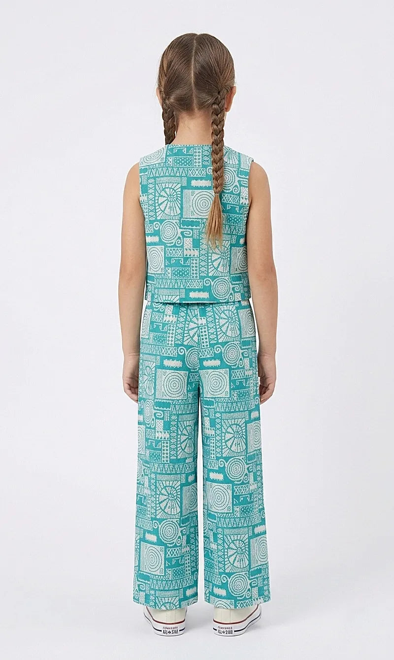 Girls Teal  Geometric Printed Pure Cotton Waistcoat Style Co-ord Set