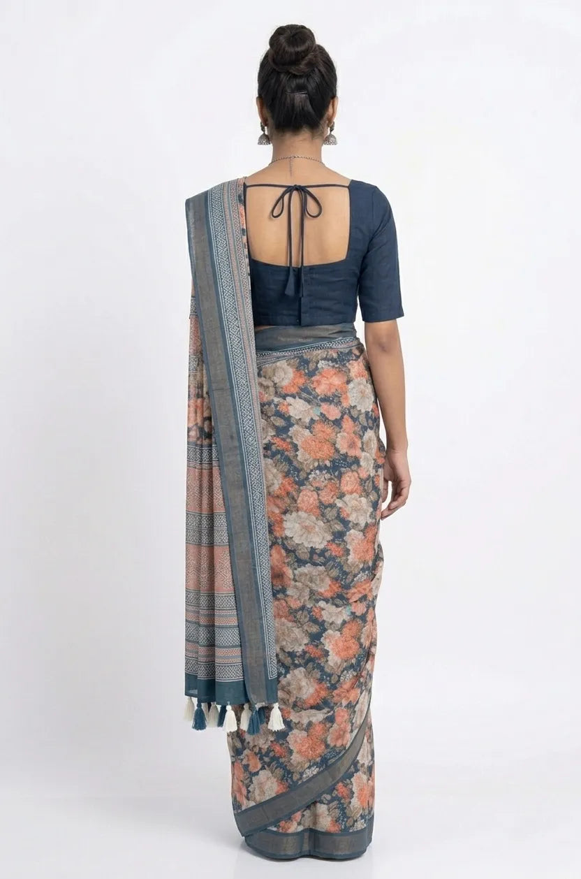 Floral Printed Silk Blend Saree with Zari Border