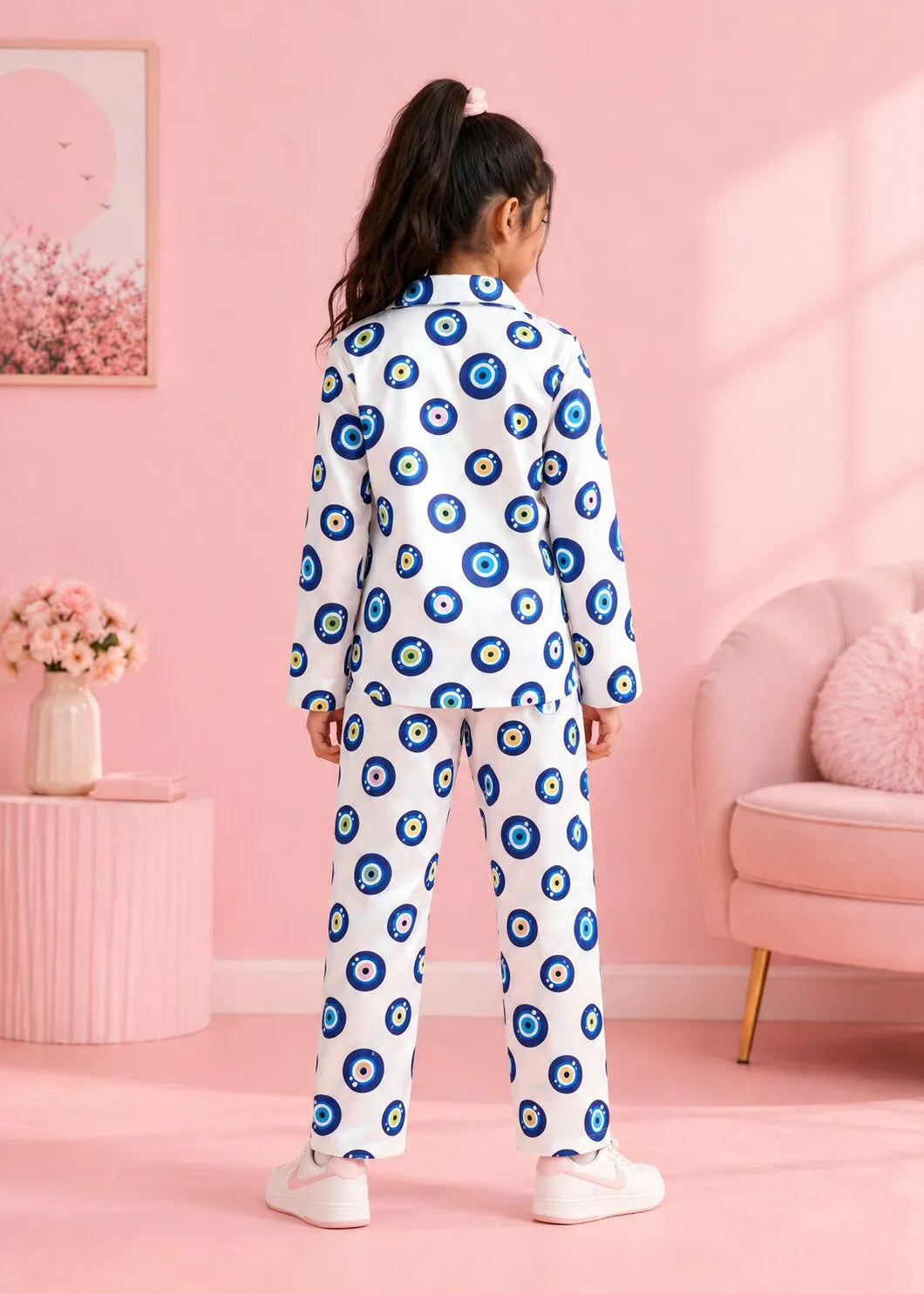 Girls' Evil Eye Printed Premium Satin Night Suit – Full Sleeve Shirt & Pajama Se