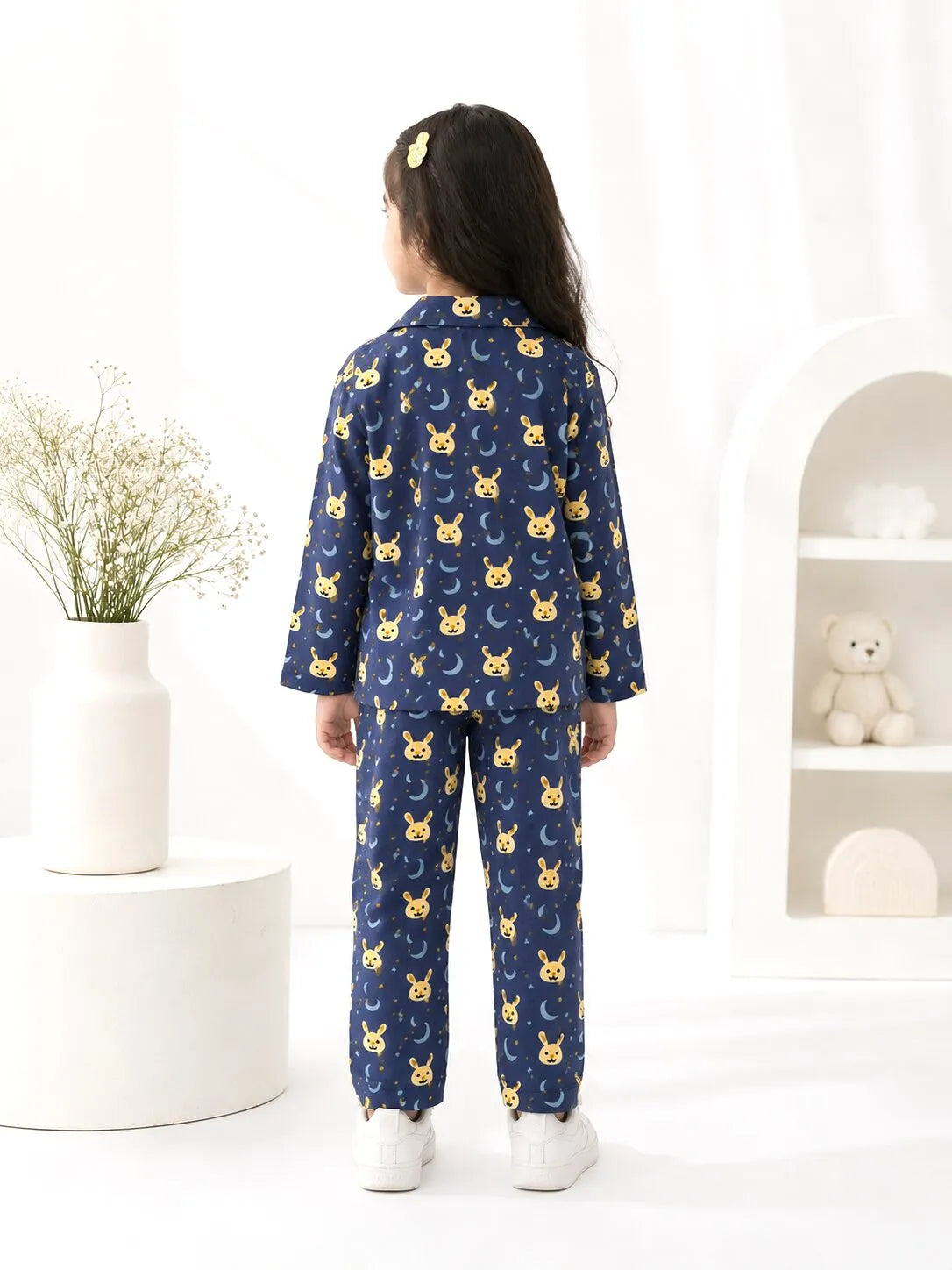 Kids' Pure Cotton Navy Blue Bunny & Moon Print Night Suit