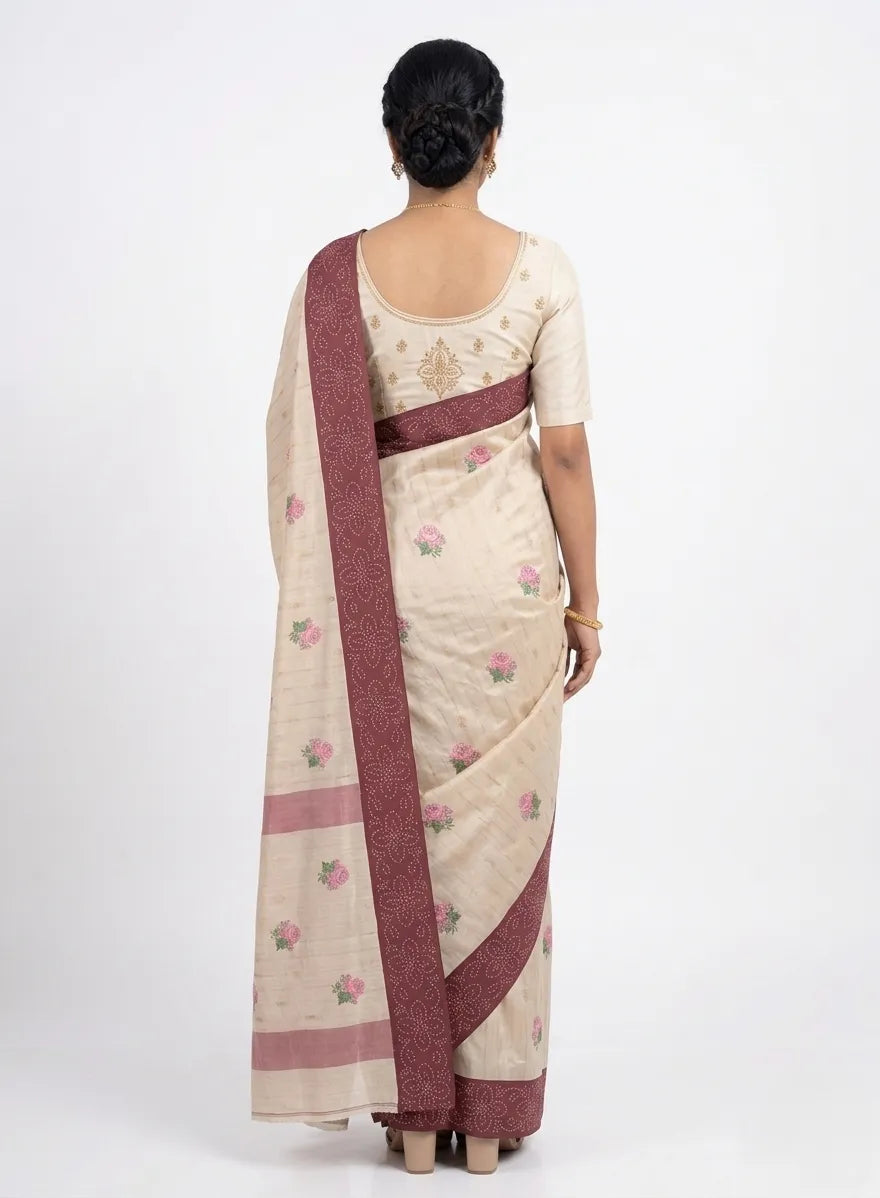Women Beige & Maroon Floral Embroidered Silk Saree with Unstitched Blouse